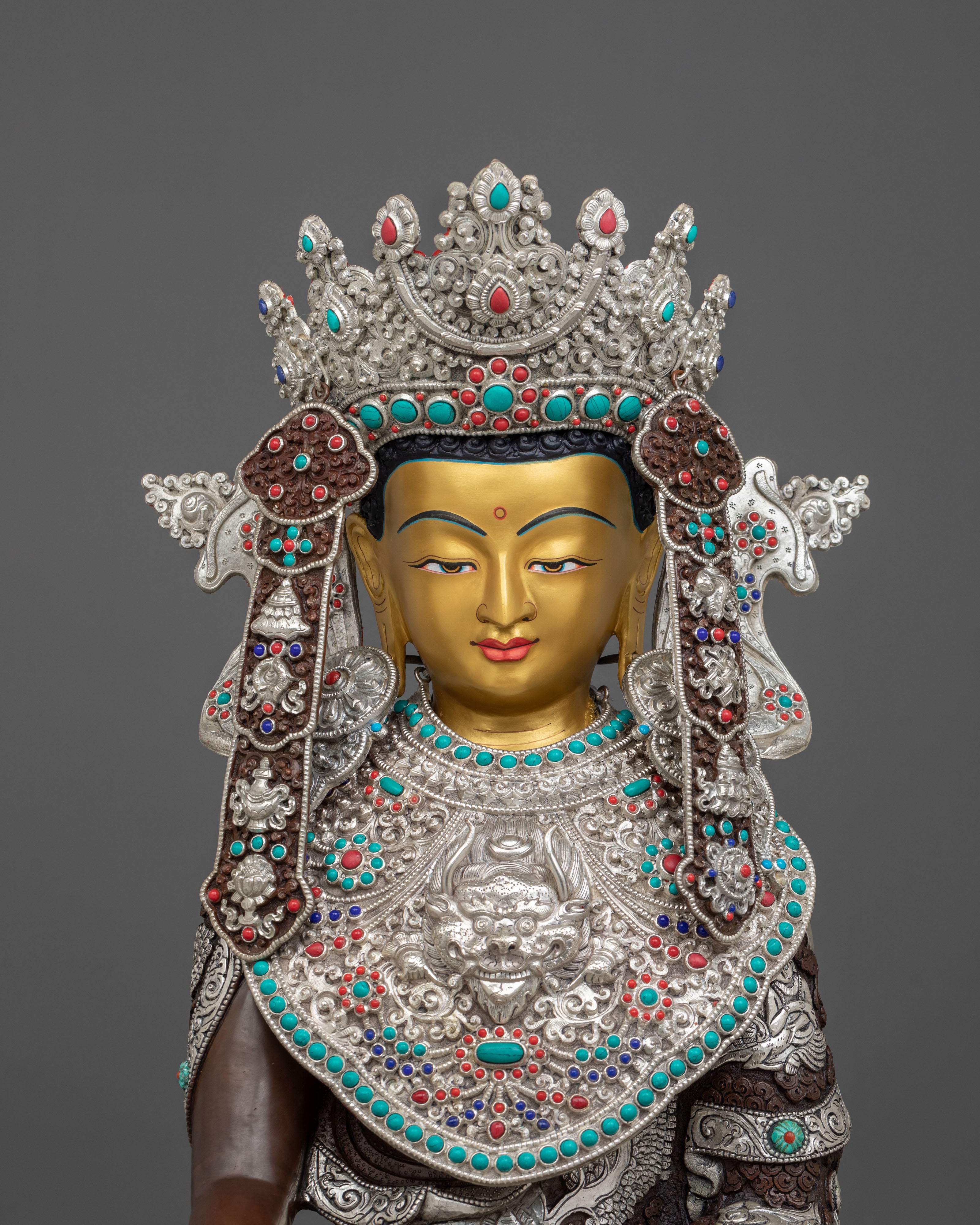 Crown Shakyamuni Buddha Oxidized Sculpture | Silver Plated