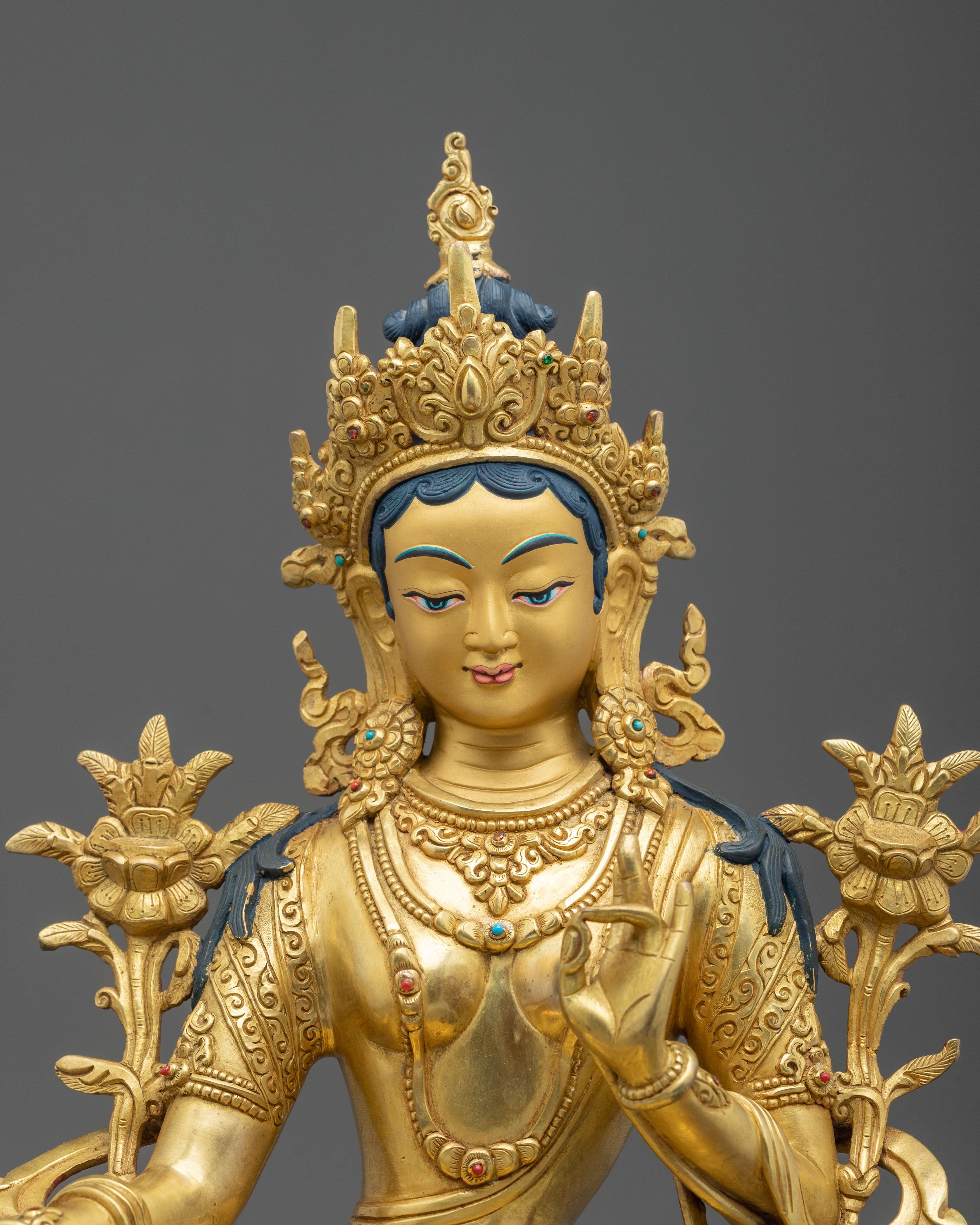 Protector Green Tara Himalayan Sculpture: 24K Gold Gilded