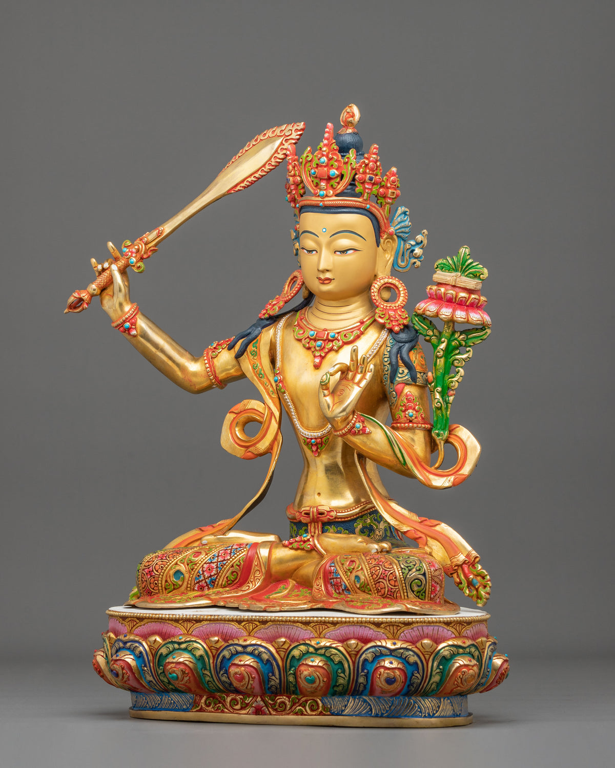 Manjushri 24K Gold Gilded Copper Statue: Wisdom Embodied