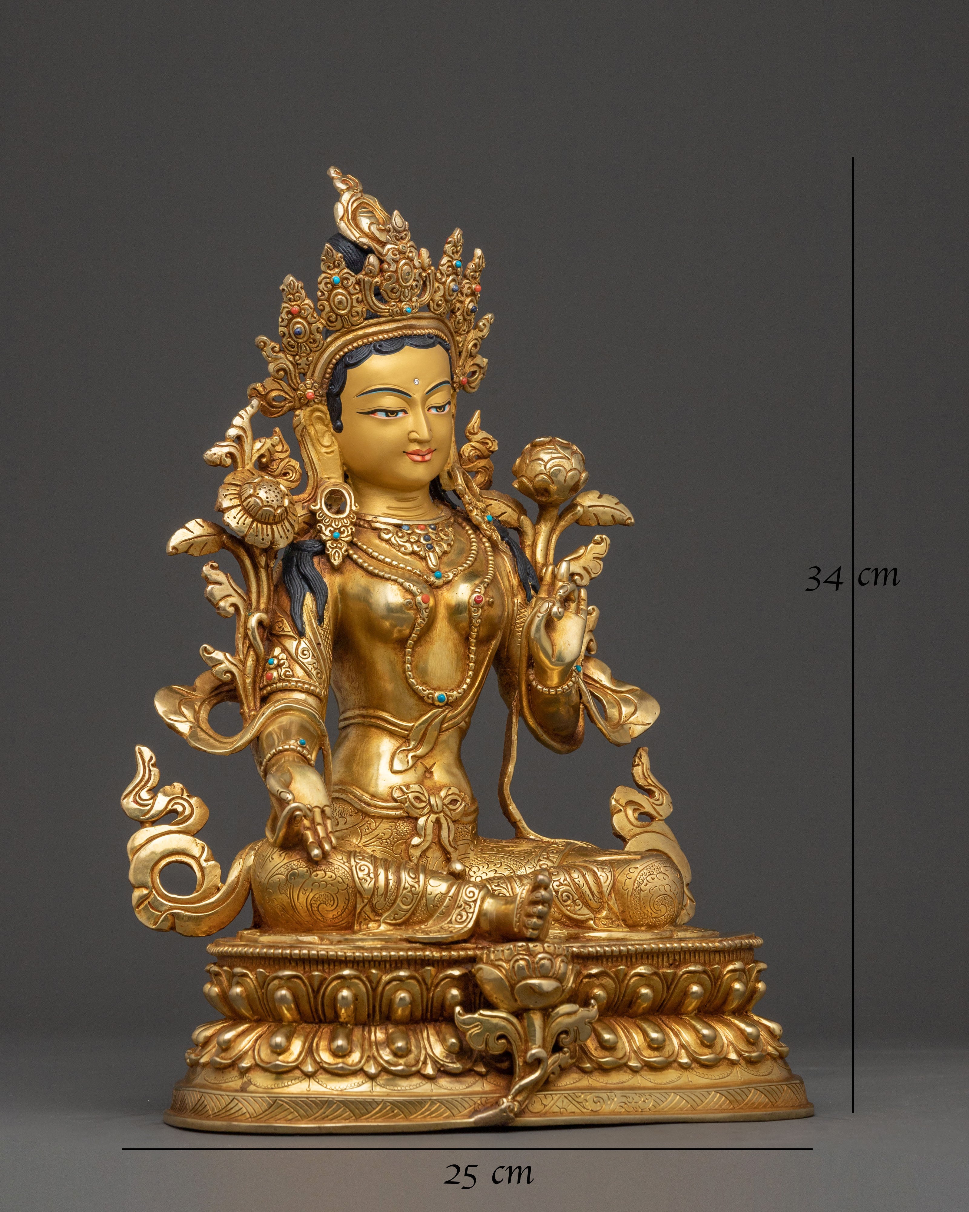 Green Tara Enlightened Mother Statue - 24K Gold Gilded
