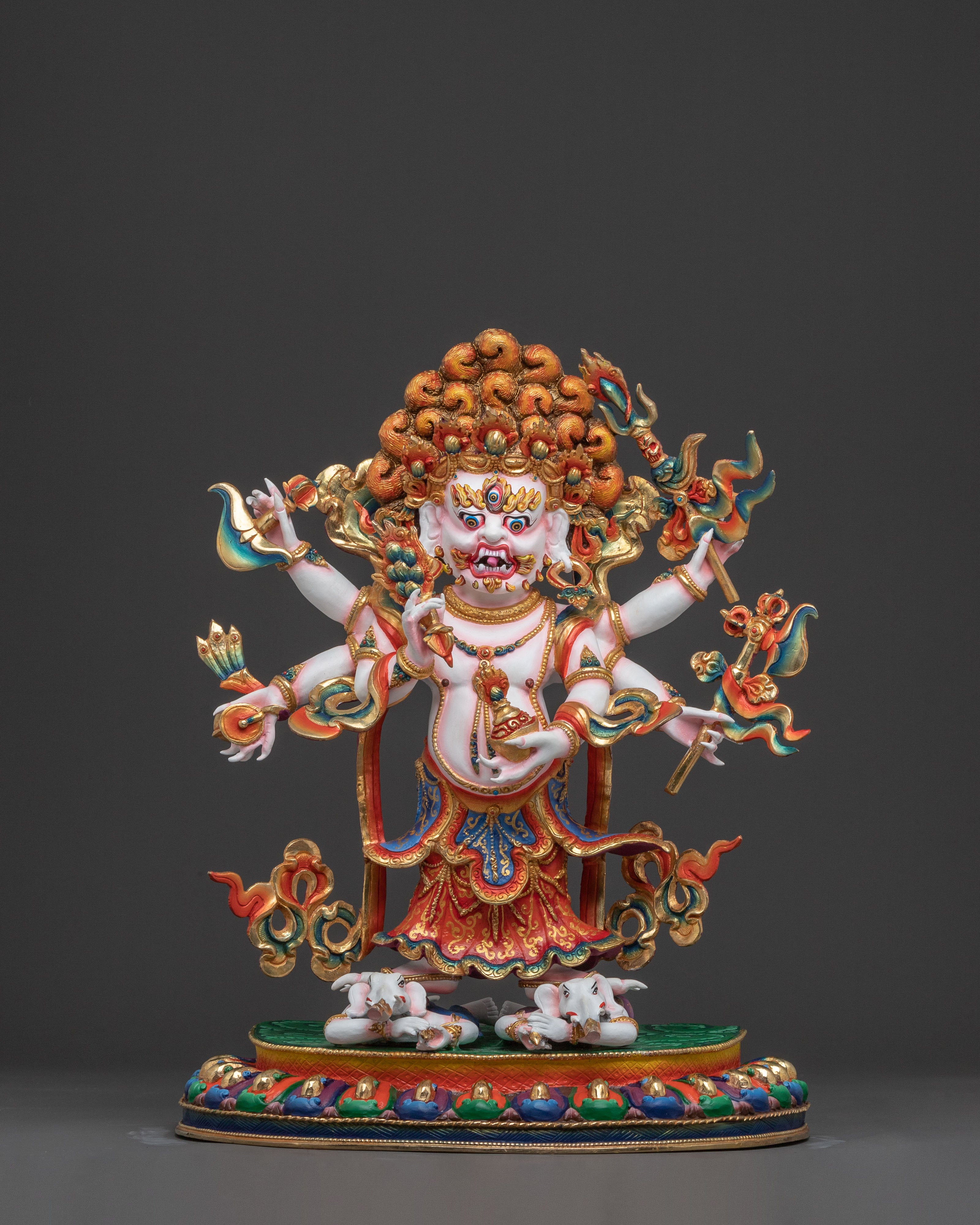 Handcrafted Copper White Mahakala Statue - Exquisite 24K Gilded Artistry