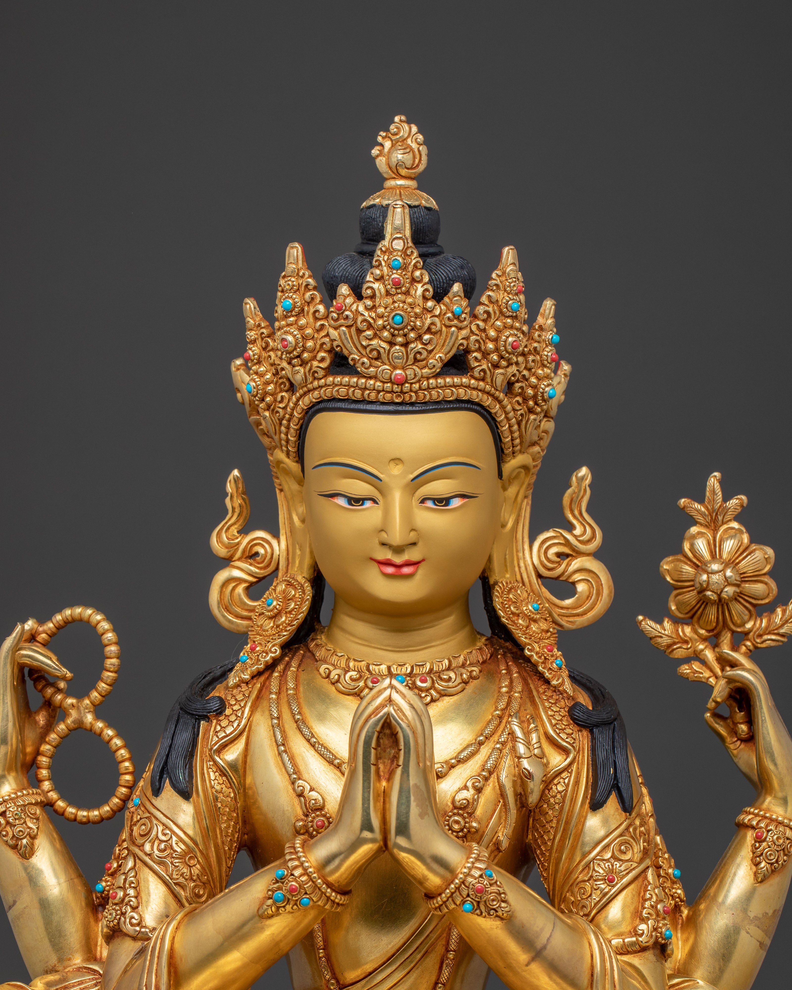 Chenrezig Handcrafted Golden Statue | Sacred Figure for Altar