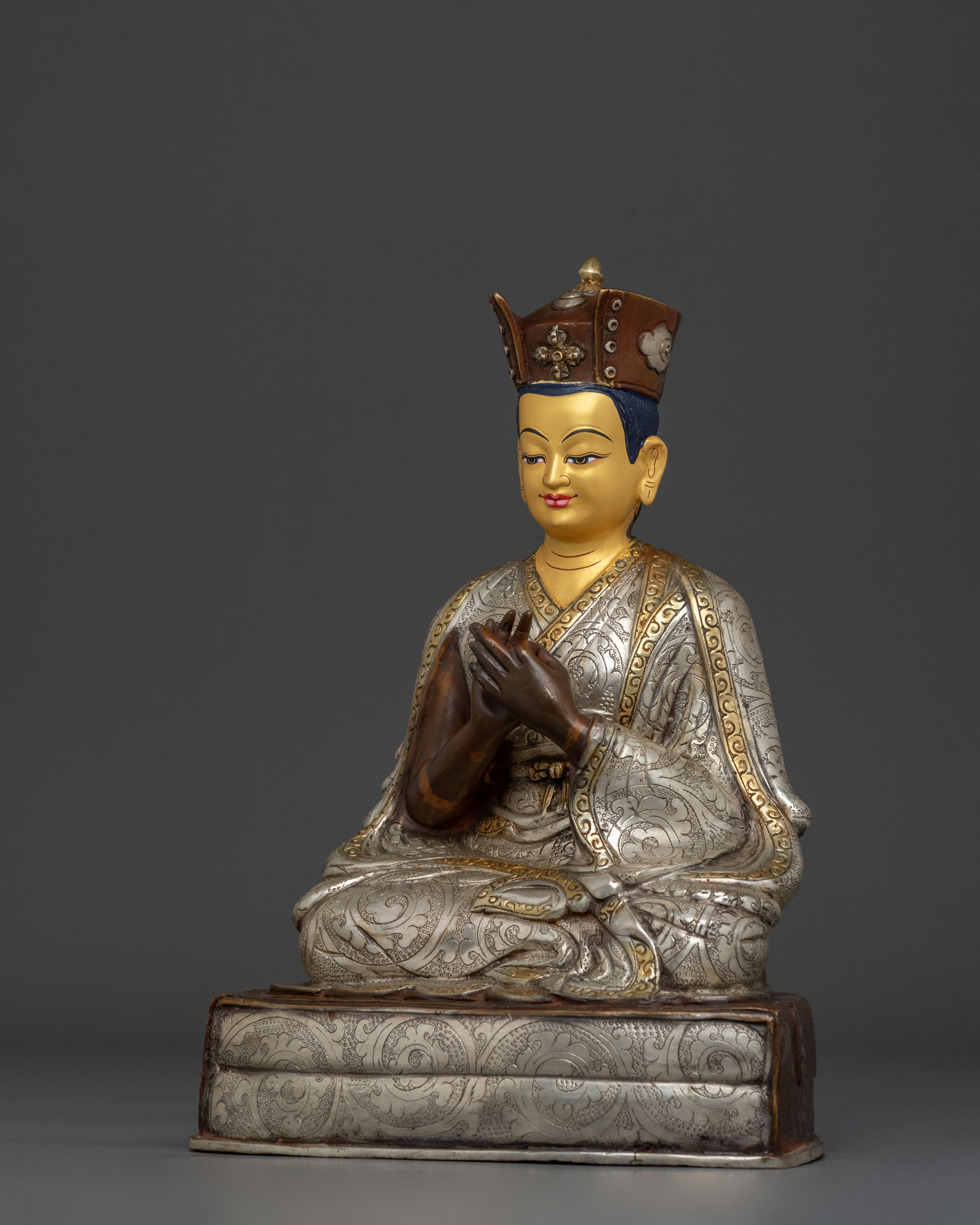 Buddhist Master Karmapa Sculpture: Handcrafted Gold and Silver Gilded Art