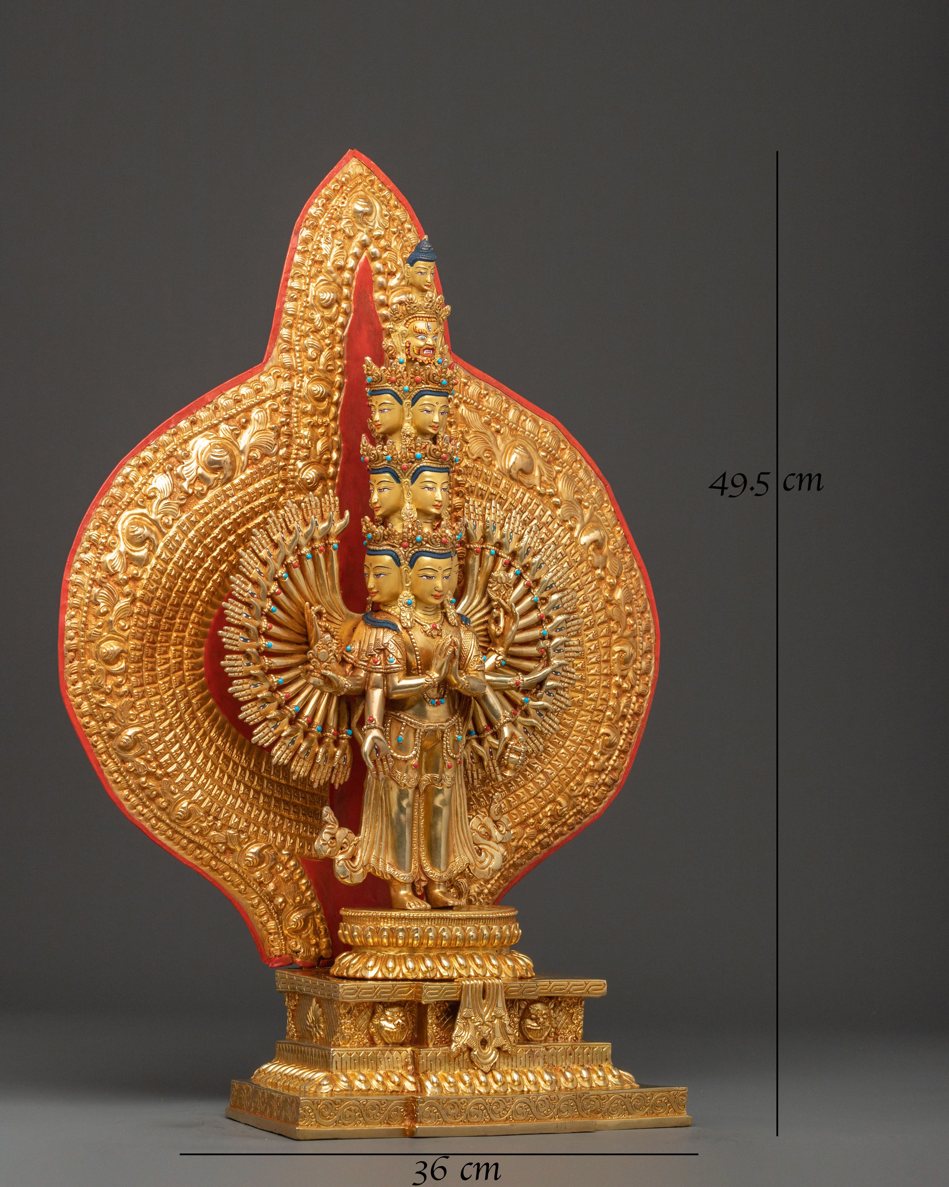 1000 Armed Chenrezig Statue | 24k Gold Glided with Gemstone Inlay