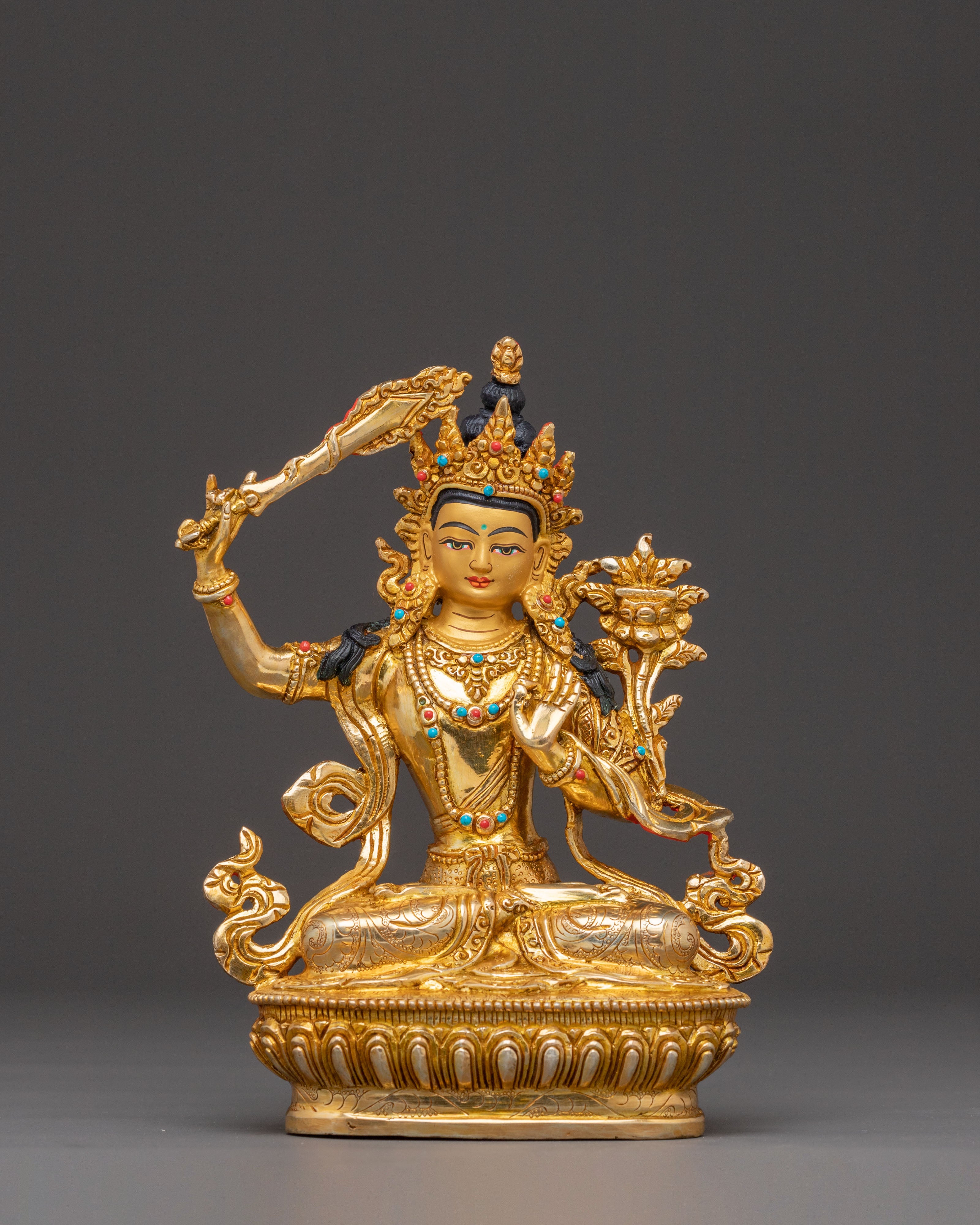Tibetan Wisdom Deity Manjushri Statue – 24K Gold Gilded Copper Statue