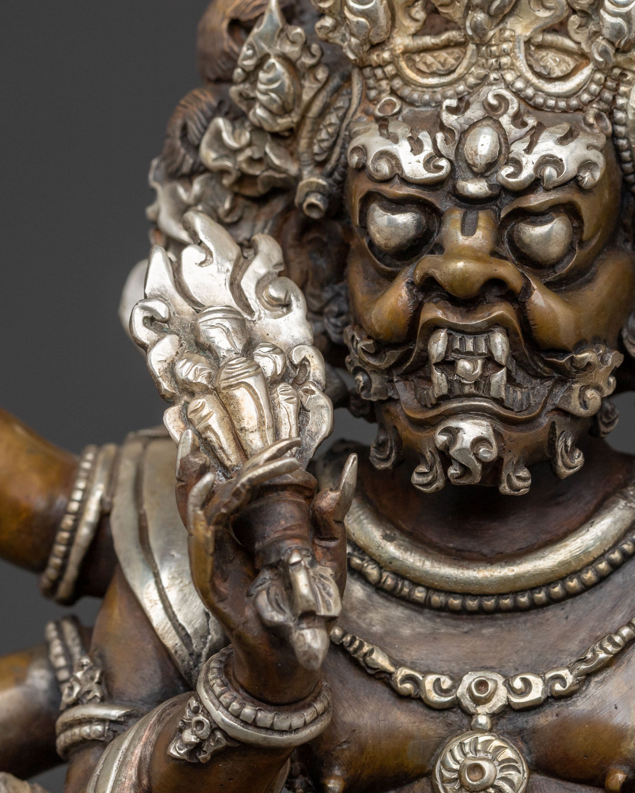 White Mahakala Spiritual Statue | Silver Plated Elegance