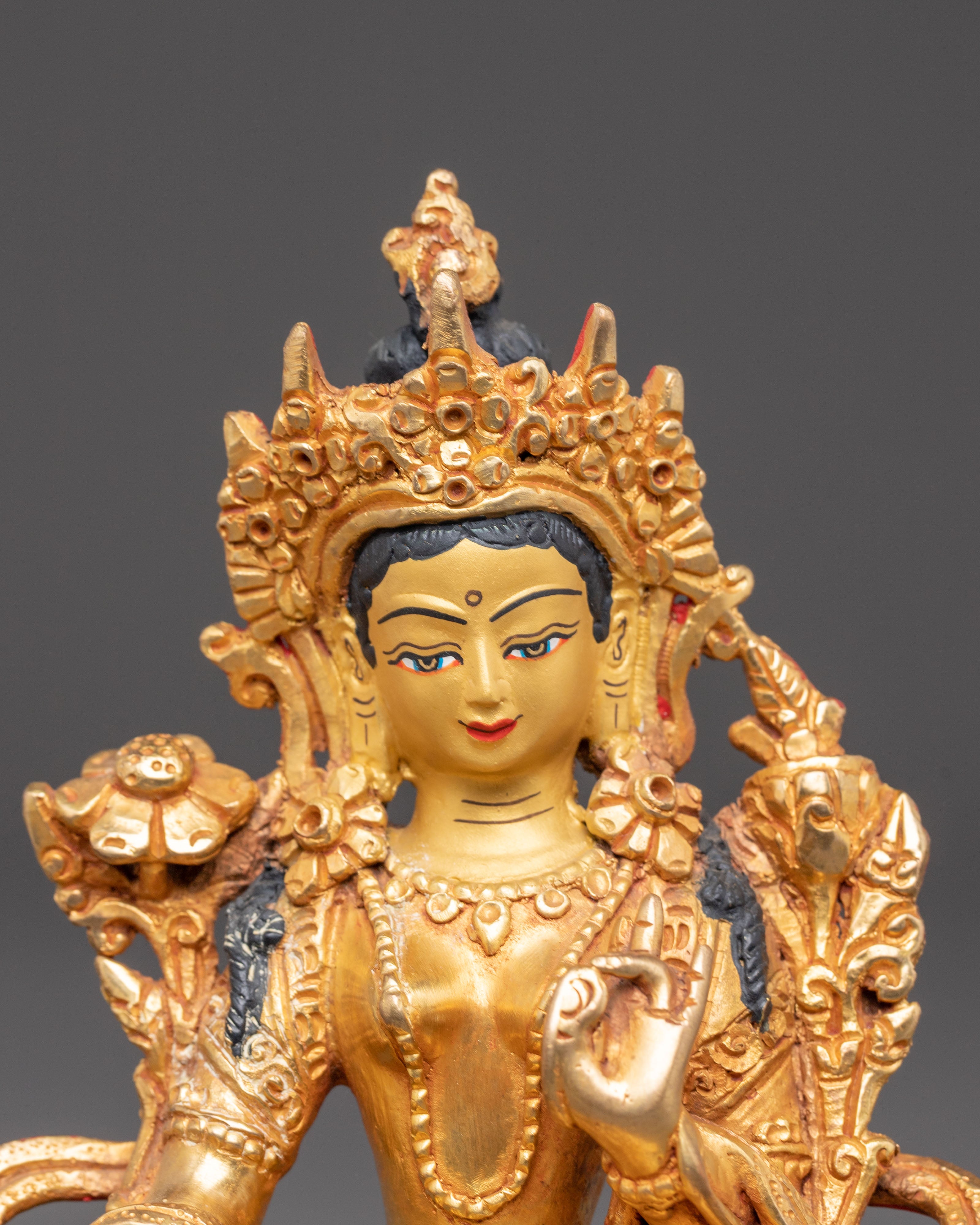 Green Tara Golden Handcrafted Statue | Goddess of Compassion