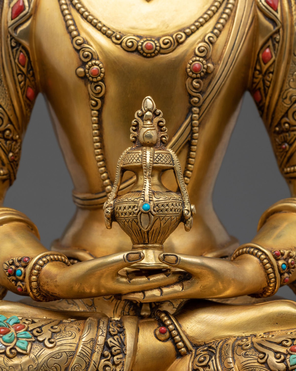 24K Gold Gilded Copper Amitayus Statue with Gemstones | Buddha of Infinite Life