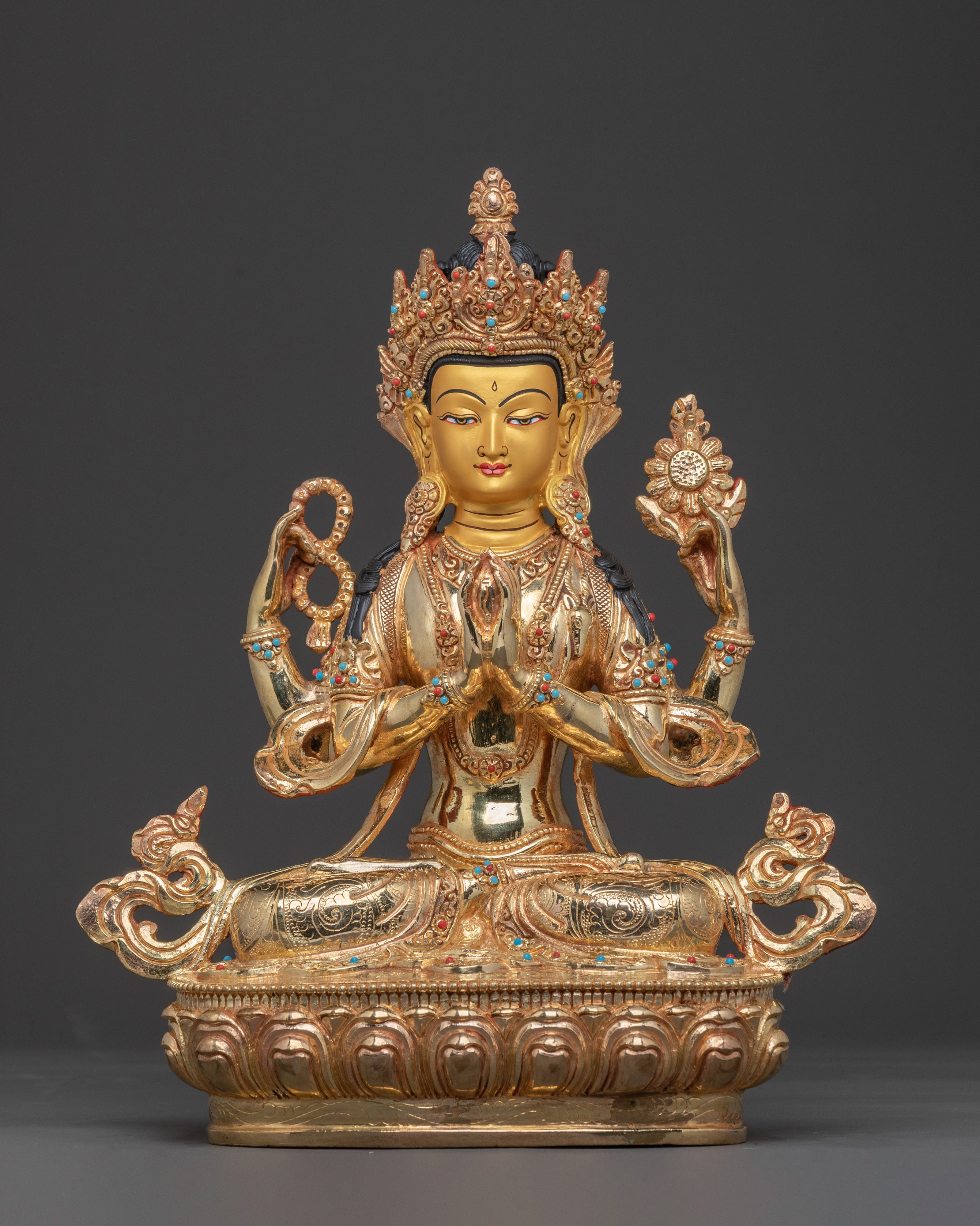 Compassionate Protector Avalokiteshvara Sculpture: Exquisite 24K Gold Gilded