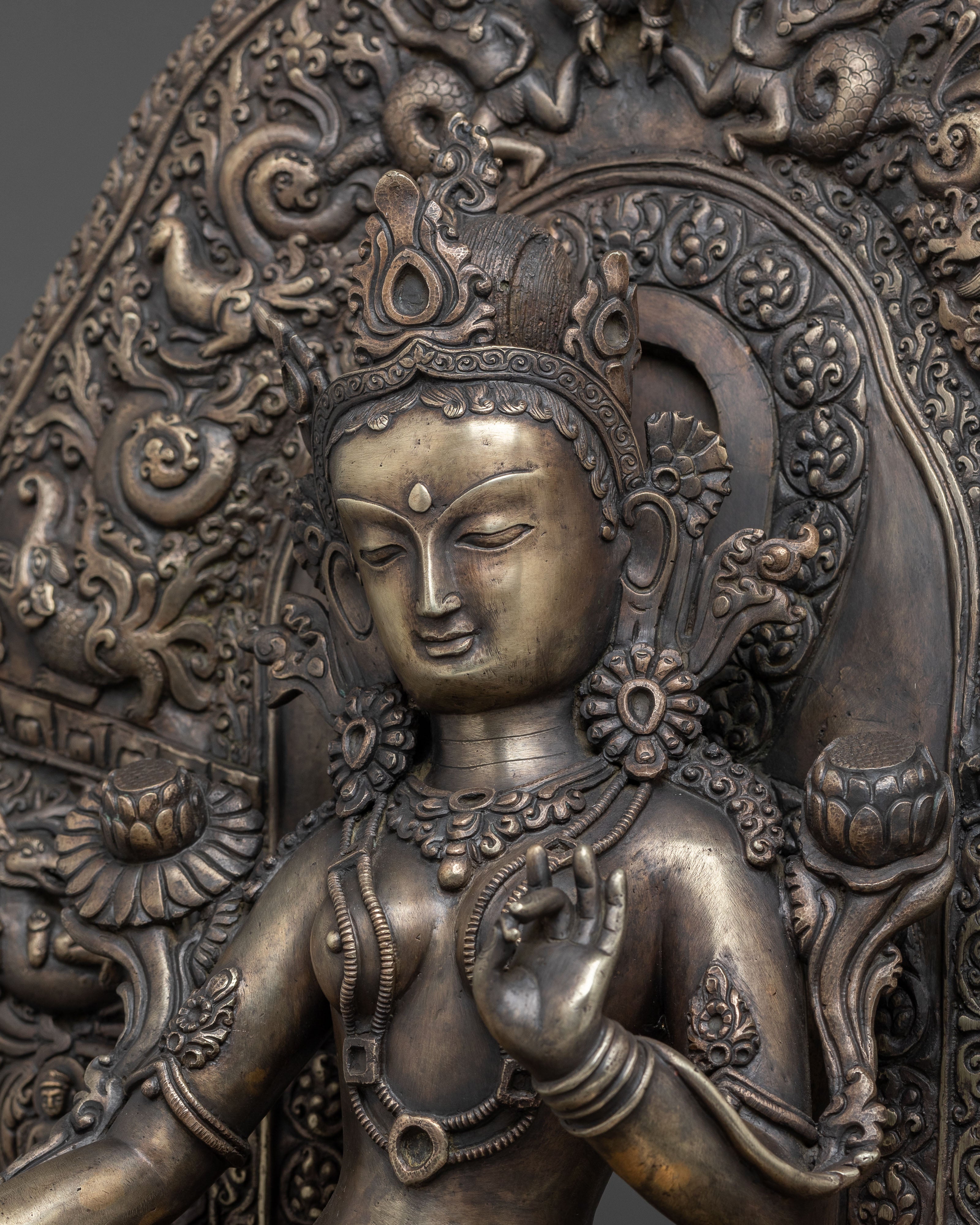 Green Tara Statue | Bronze Figure with Wooden Base