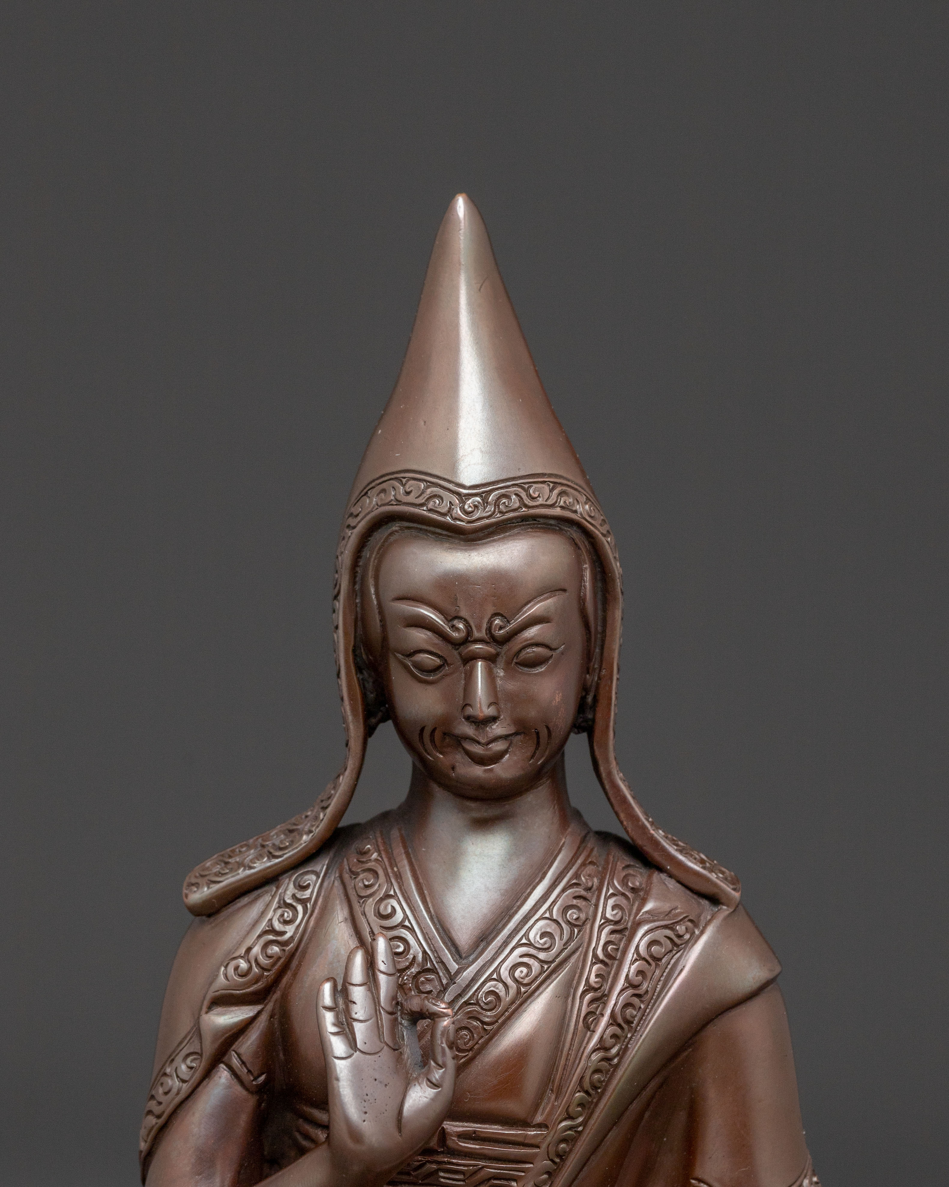 Tsongkhapa Copper Statue with Disciples: Oxidized Finish