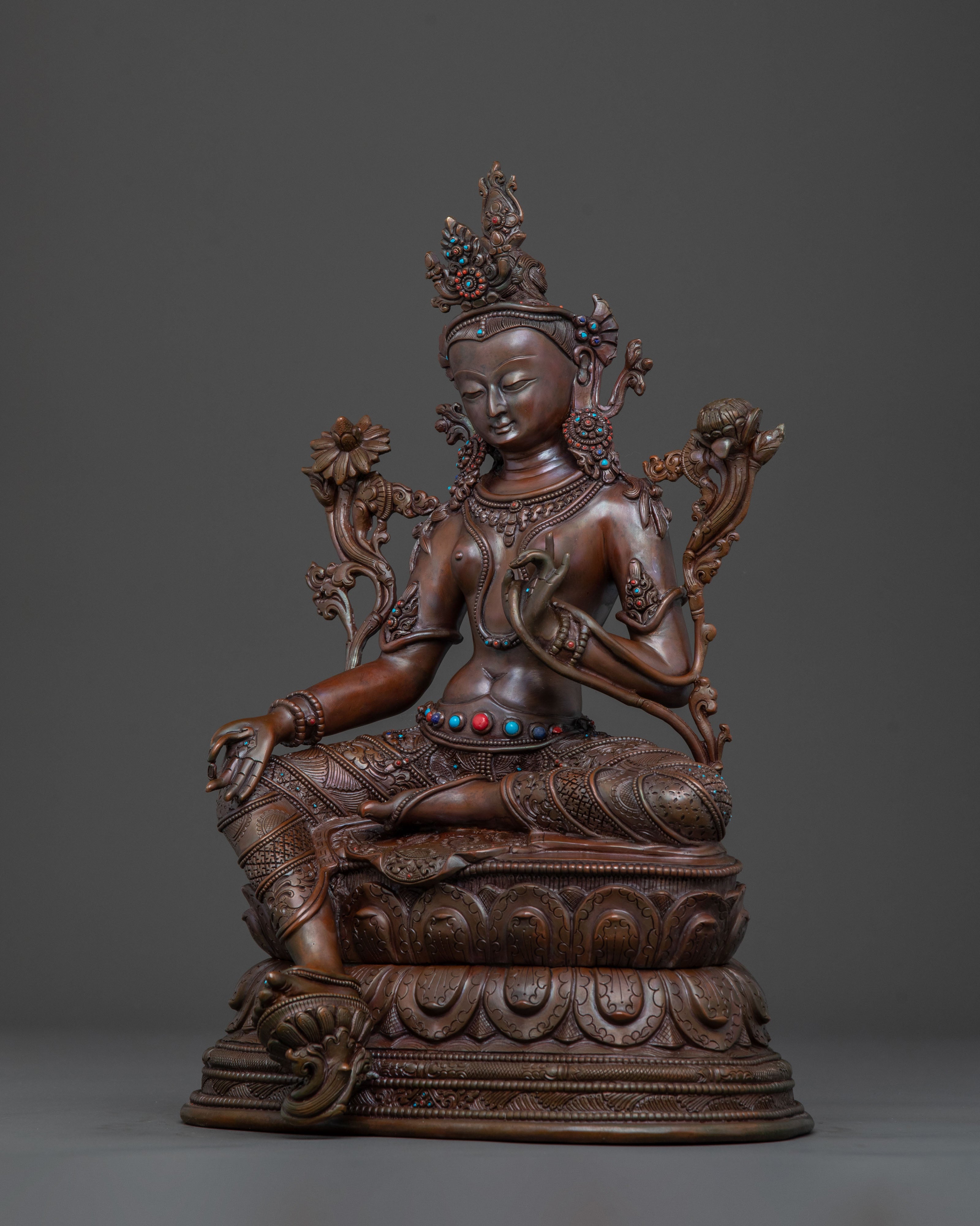 Mother Green Tara Oxidized Copper Statue