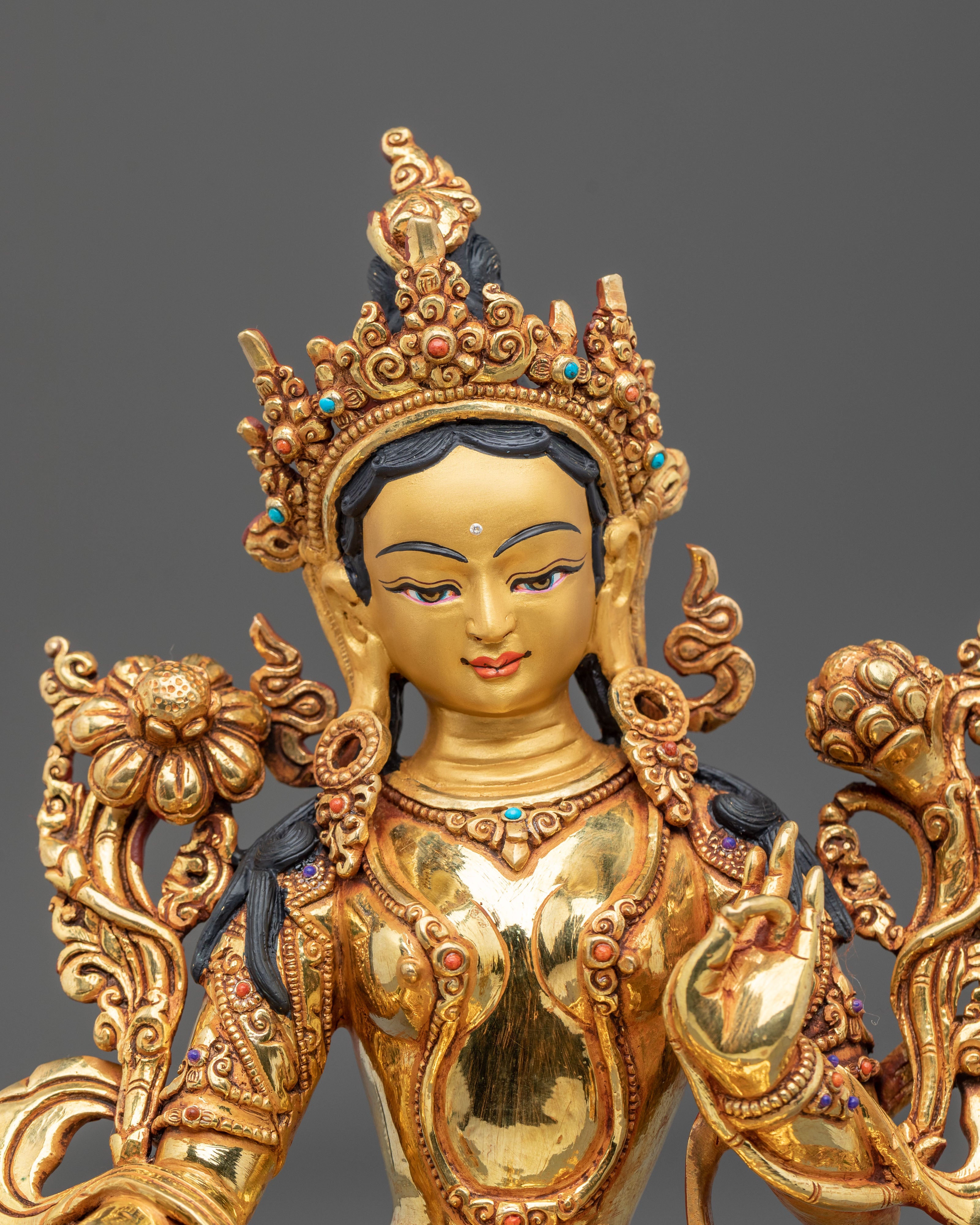 Green Tara 24K Gold Gilded Sculpture | Exquisite Copper Figurine