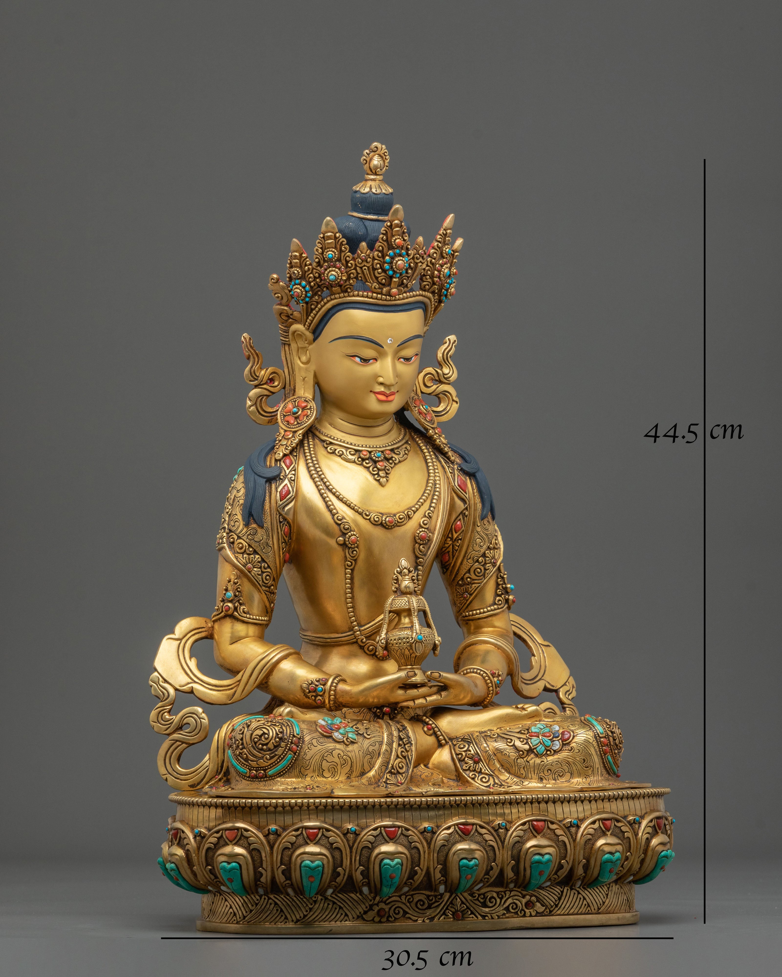 24K Gold Gilded Copper Amitayus Statue with Gemstones | Buddha of Infinite Life