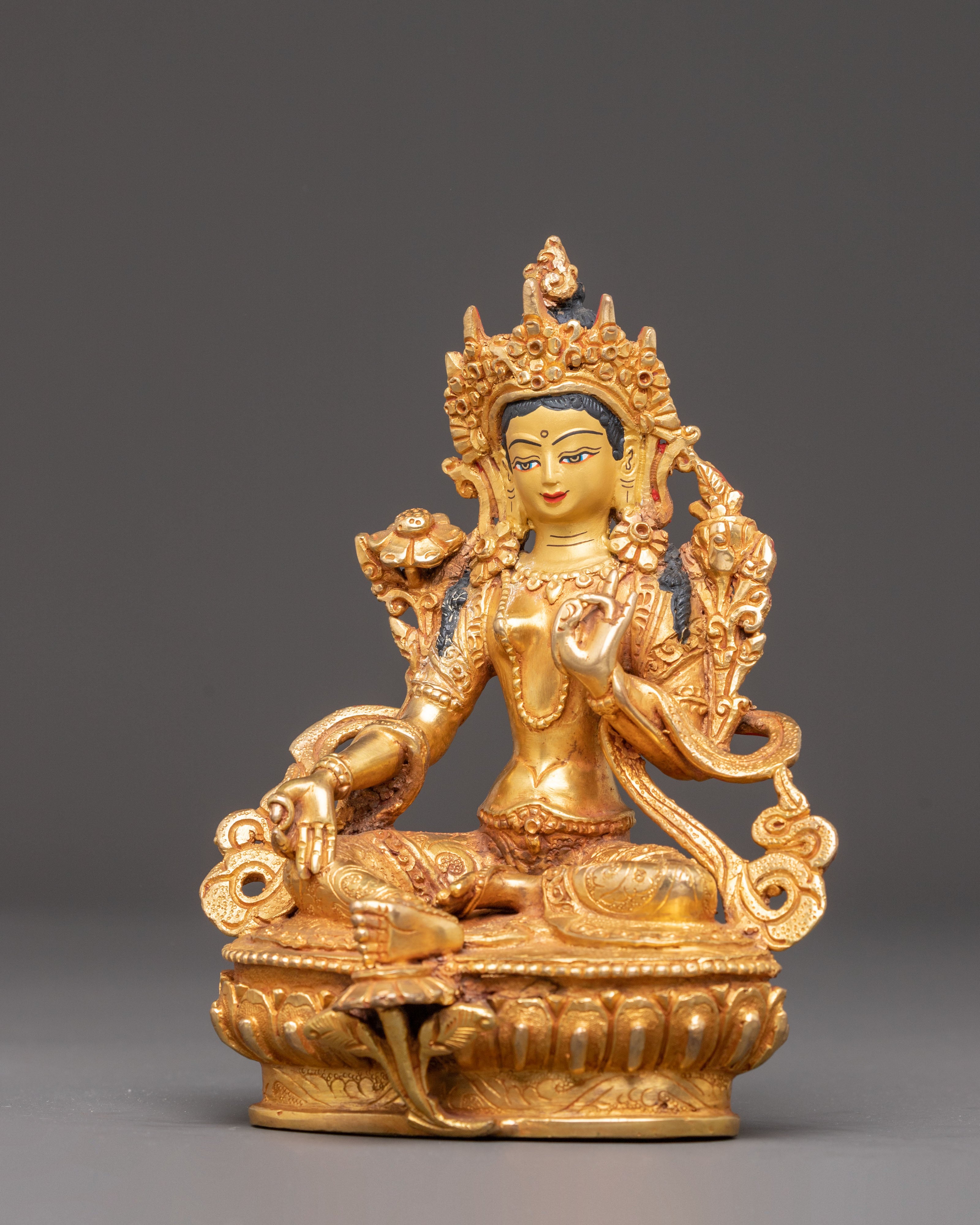 Green Tara Golden Handcrafted Statue | Goddess of Compassion
