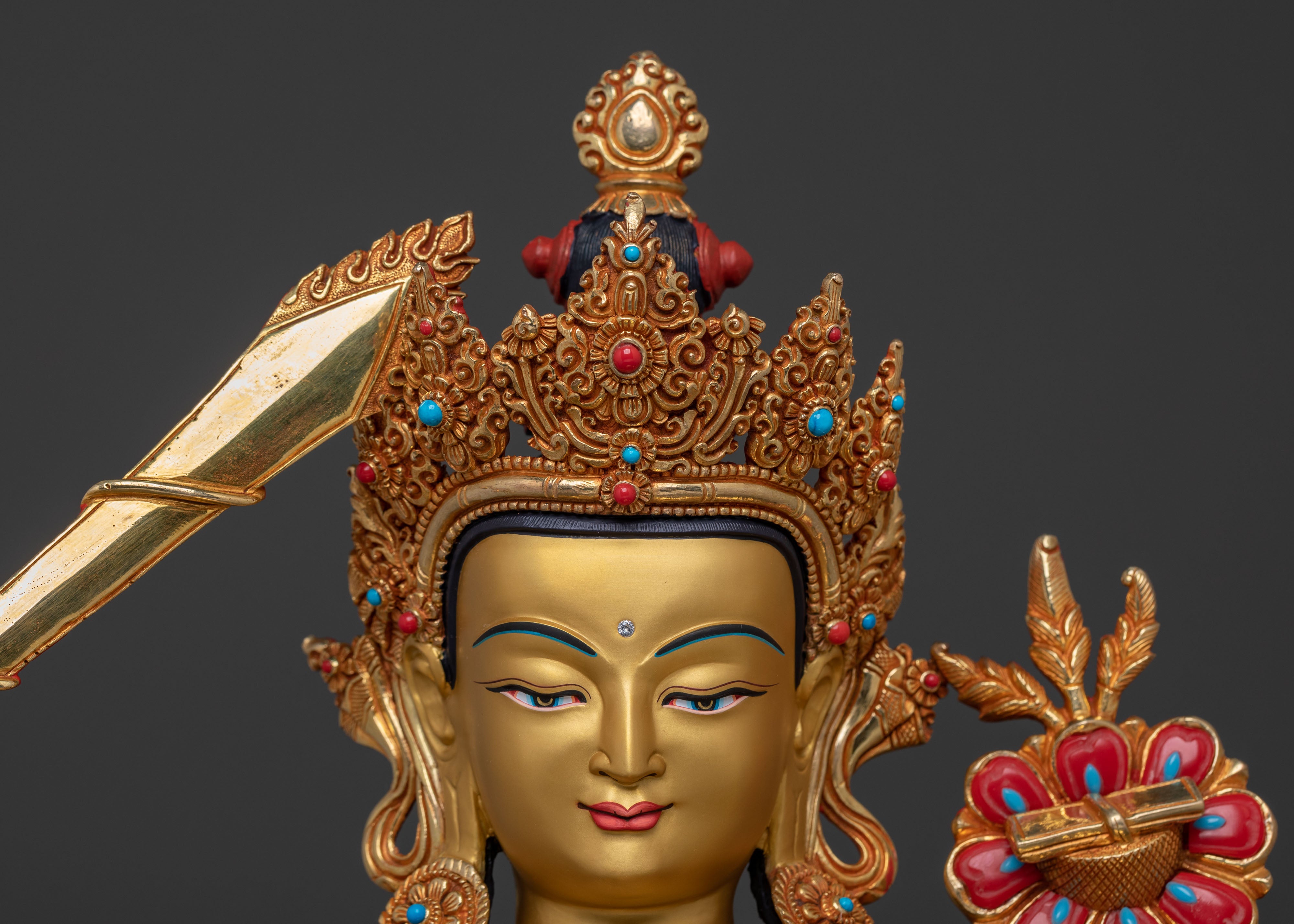 Manjushri: 24K Gold Gilded Buddhist Bodhisattva Manjushri Statue