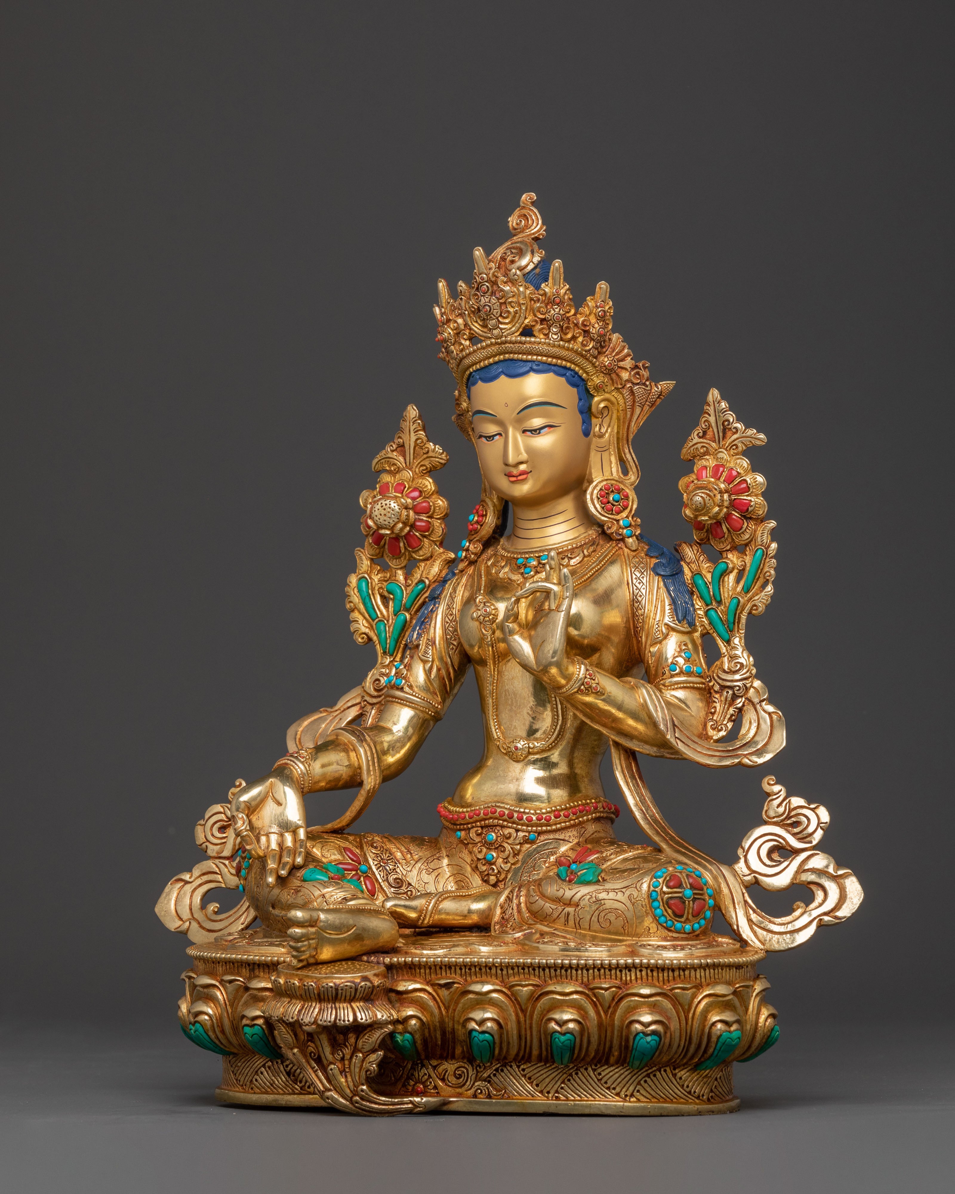 24k Gold Gilded Copper Green Tara Sculpture – Exquisite Himalayan Artistry