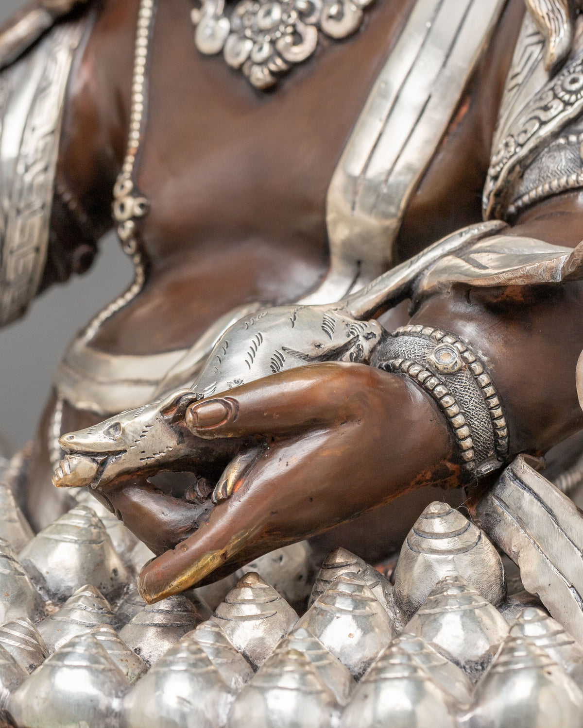 Dzambhala Statue on Throne | Oxidized Copper Figurine with Silver Plating