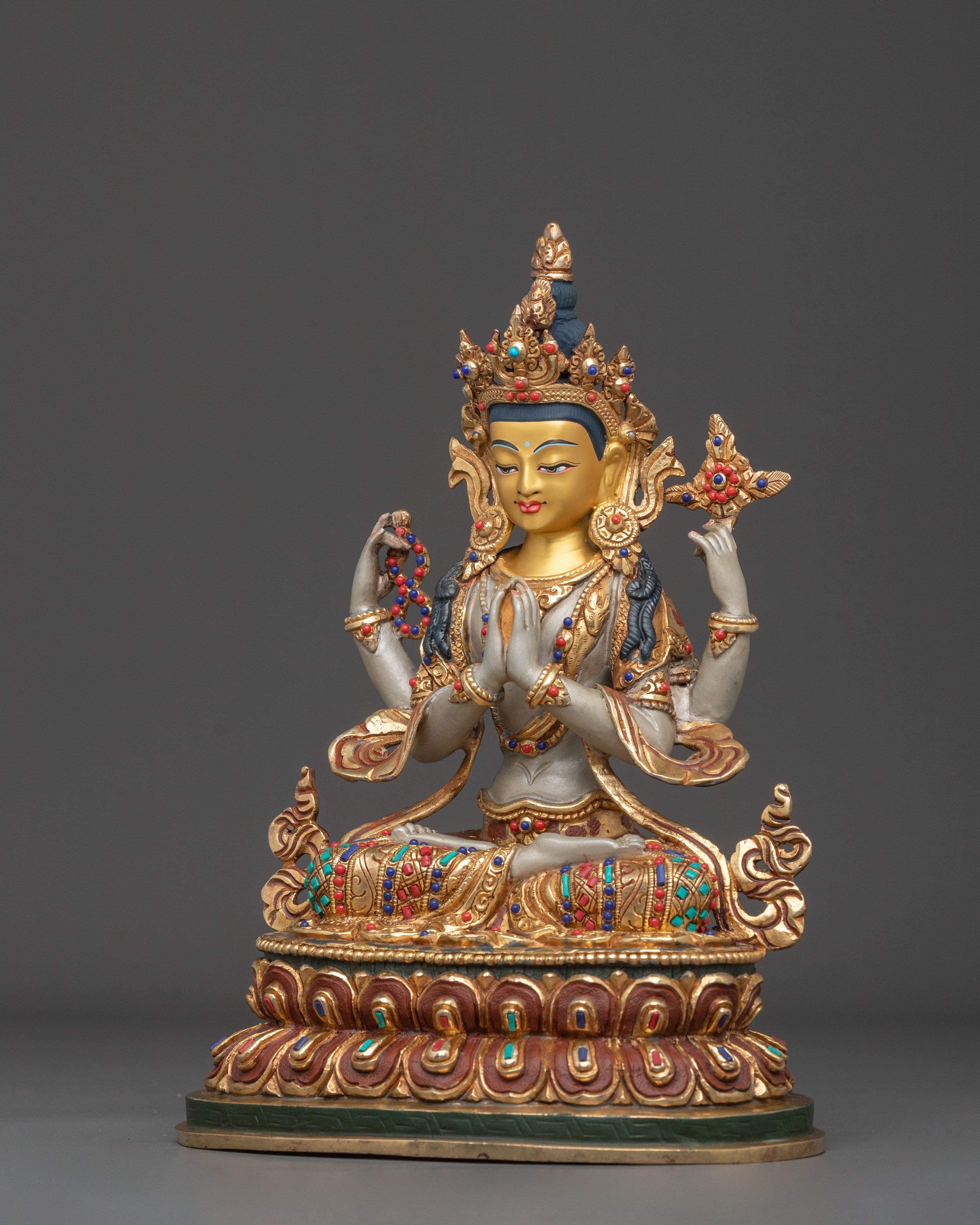 Hand Carved Four Armed Chenrezig Sculpture: Embodiment of Compassion