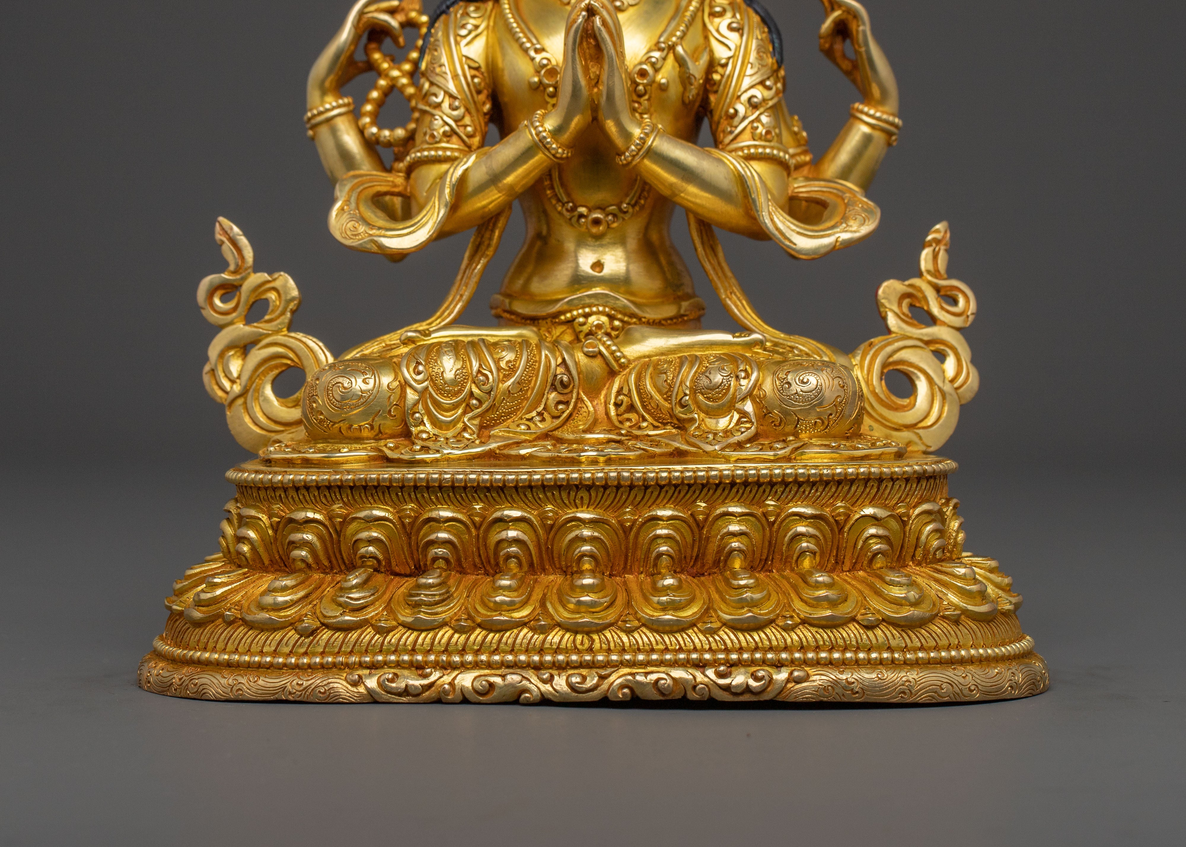 Sacred Chenrezig Four Armed Compassion Statue | 24K Gold Gilded