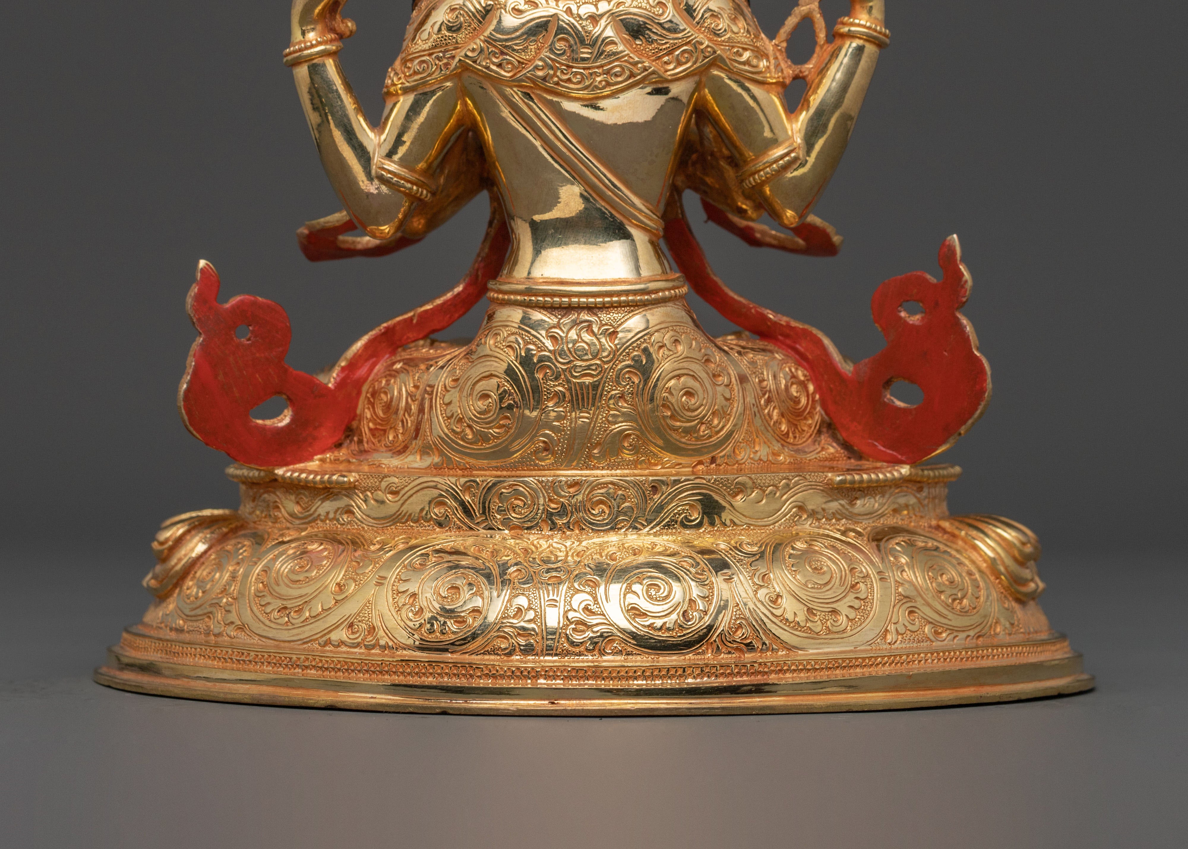 Four Armed Chenrezig Sacred Statue in Shimmering 24K Gold