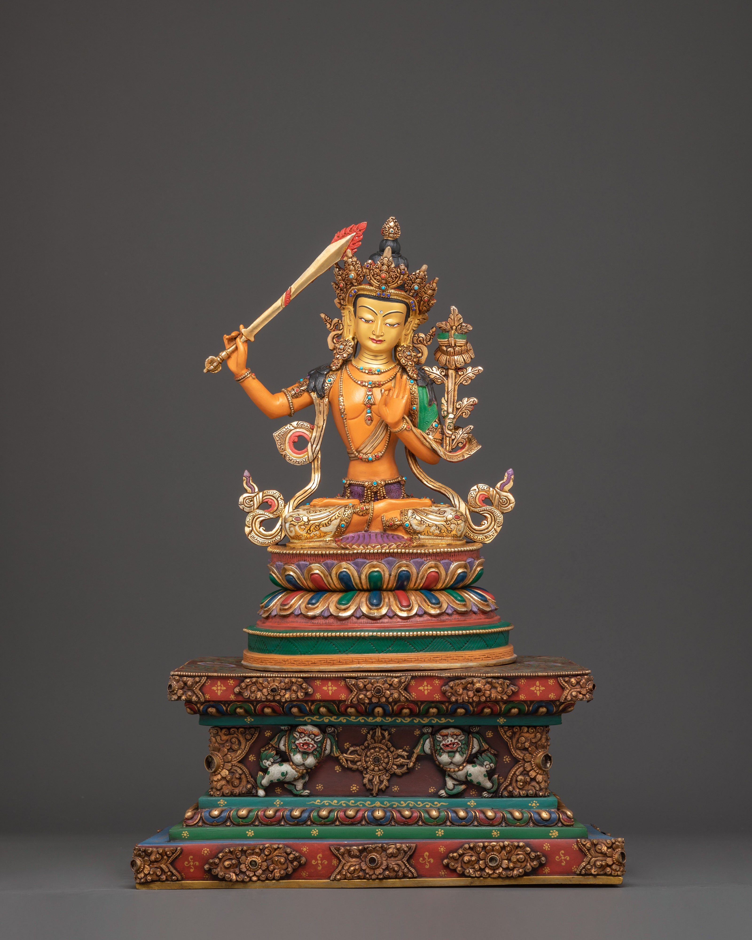 Spiritual Wisdom Deity Manjushri Statue on Throne | Handmade in Nepal