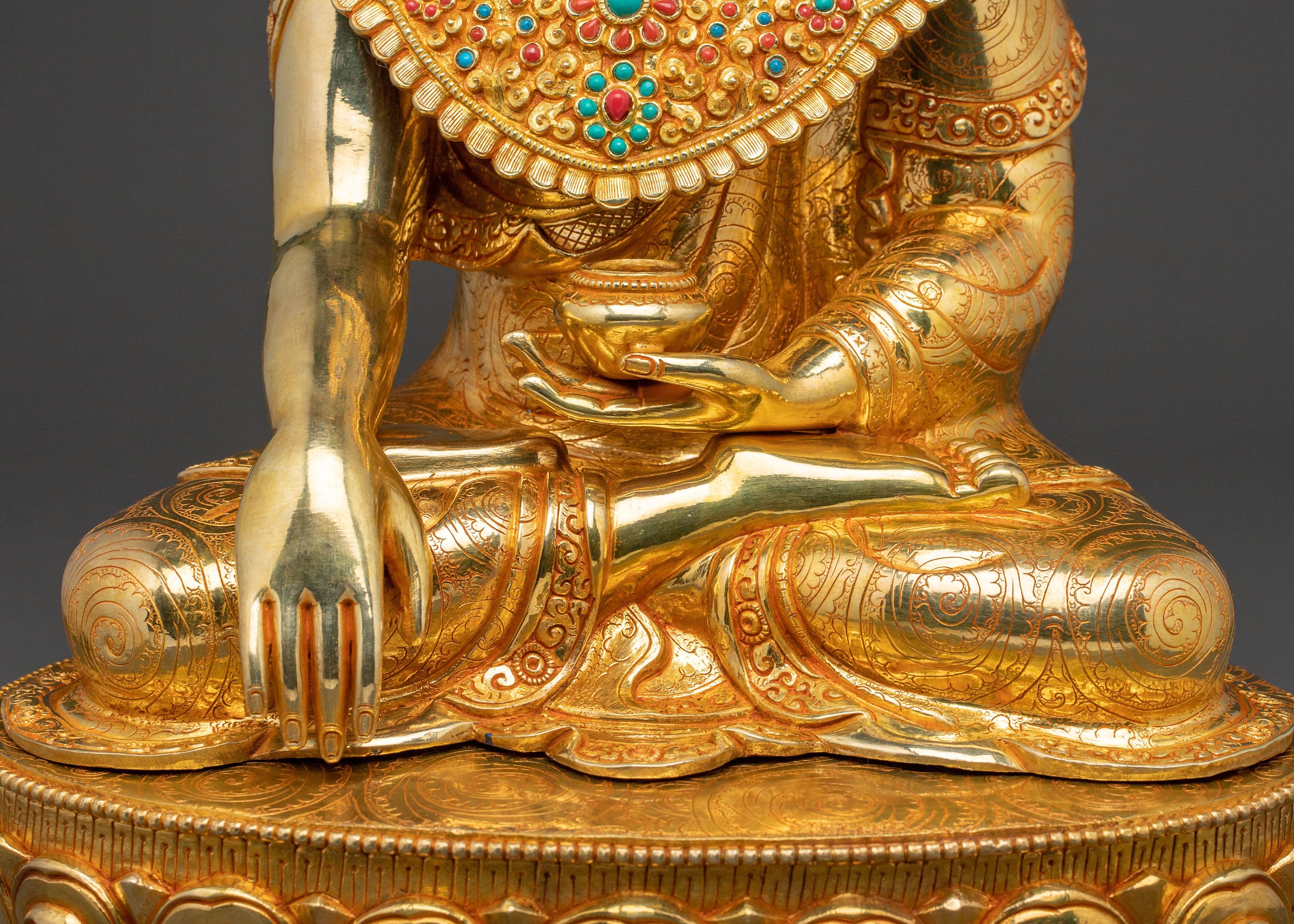 24k Gold Gilded Shakyamuni Buddha Statue with Crown