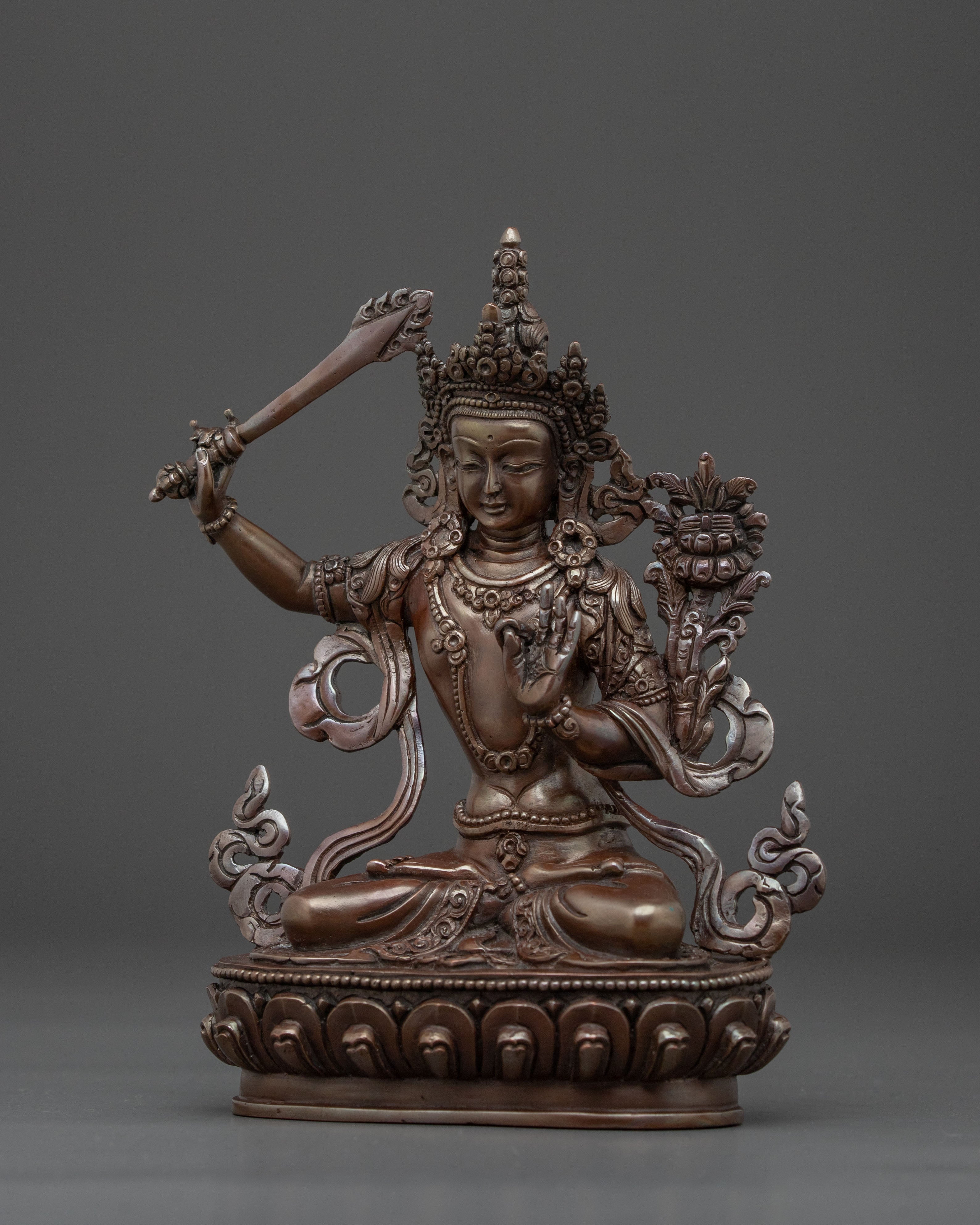 Manjushri Tibetan Buddhist Sculpture in Oxidized Copper