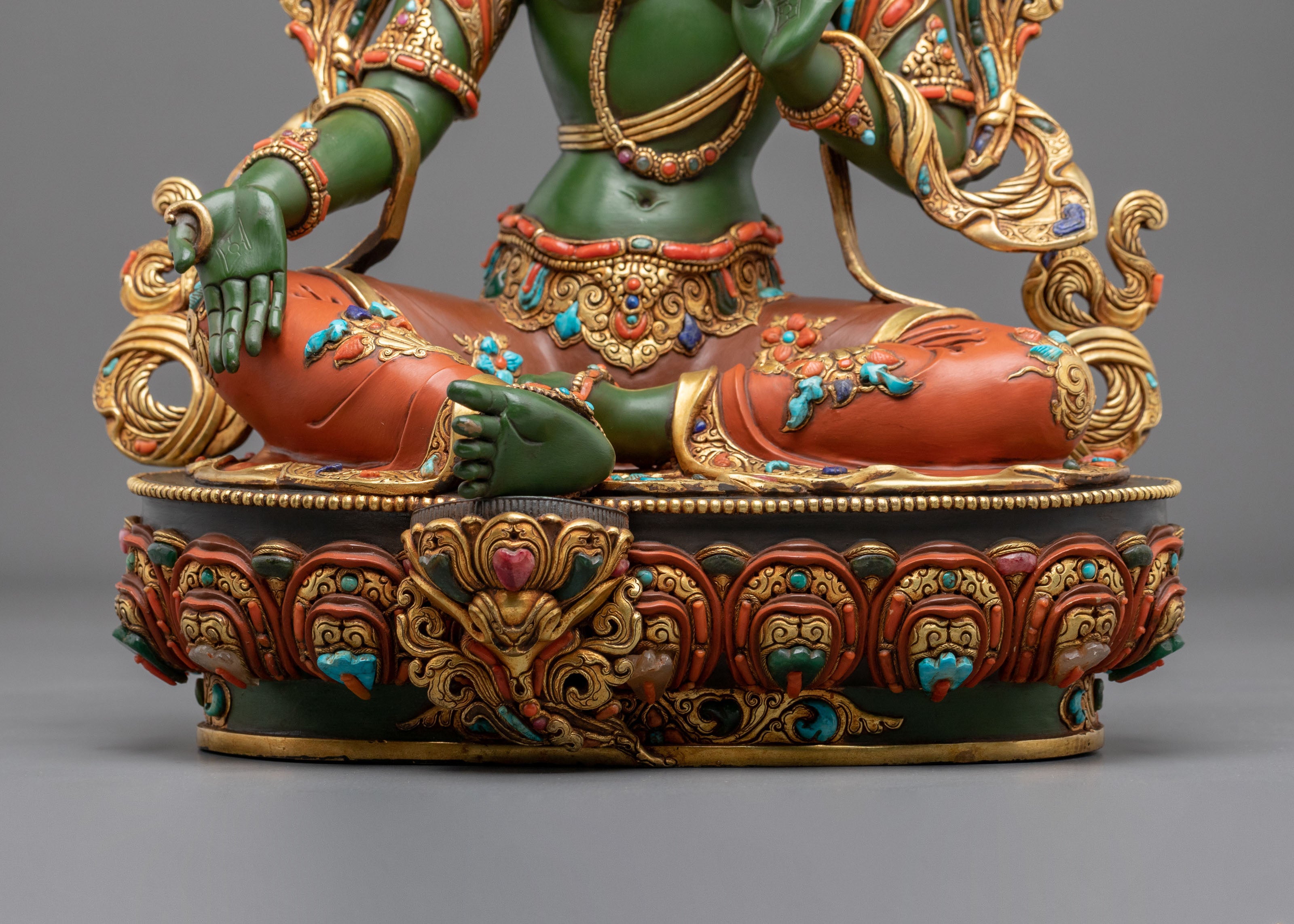 Green Tara Sculpture | Handmade Statue Adorned with Gemstones