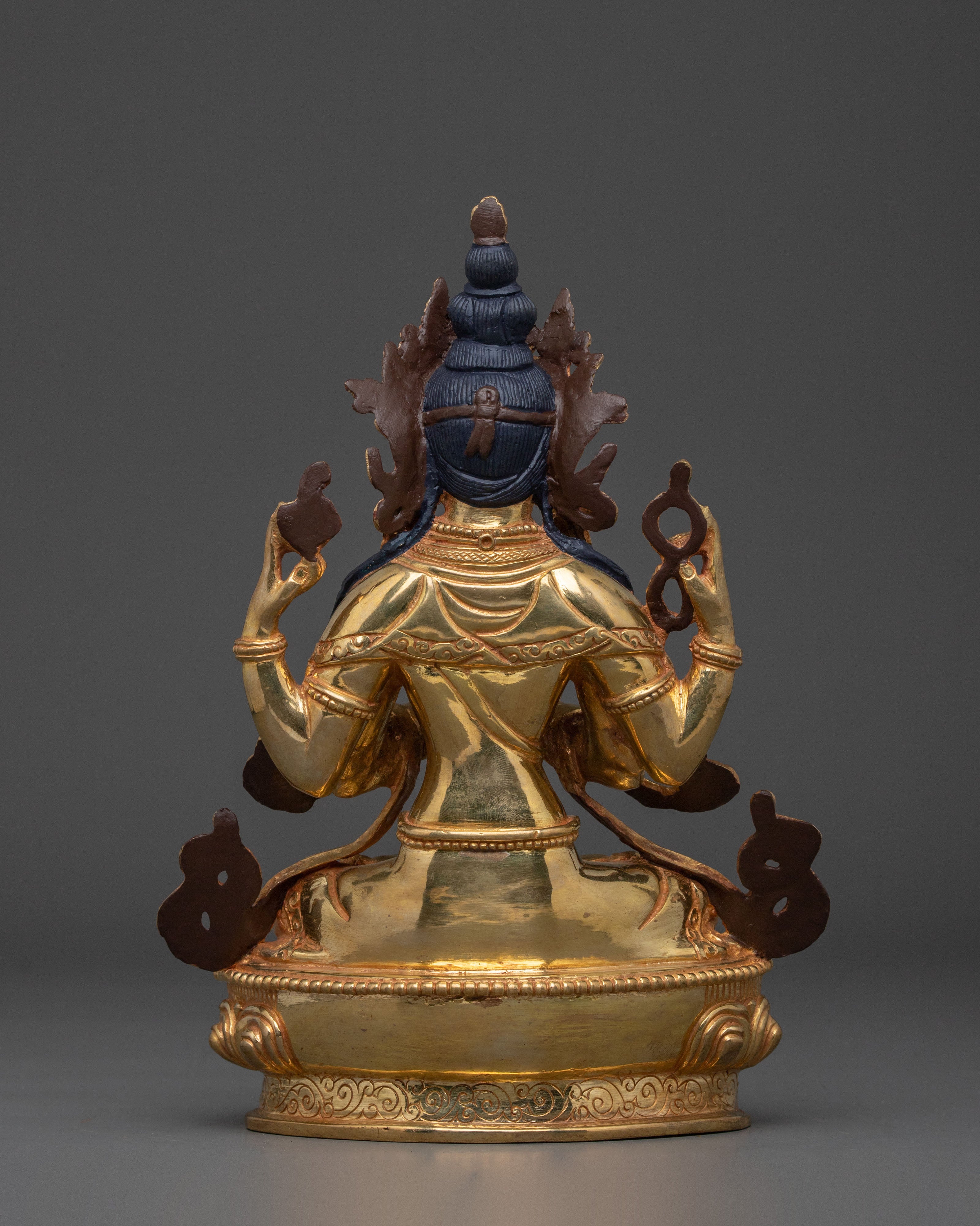 Handmade Four Armed Chenrezig Spiritual Sculpture: 24K Gold Gilded