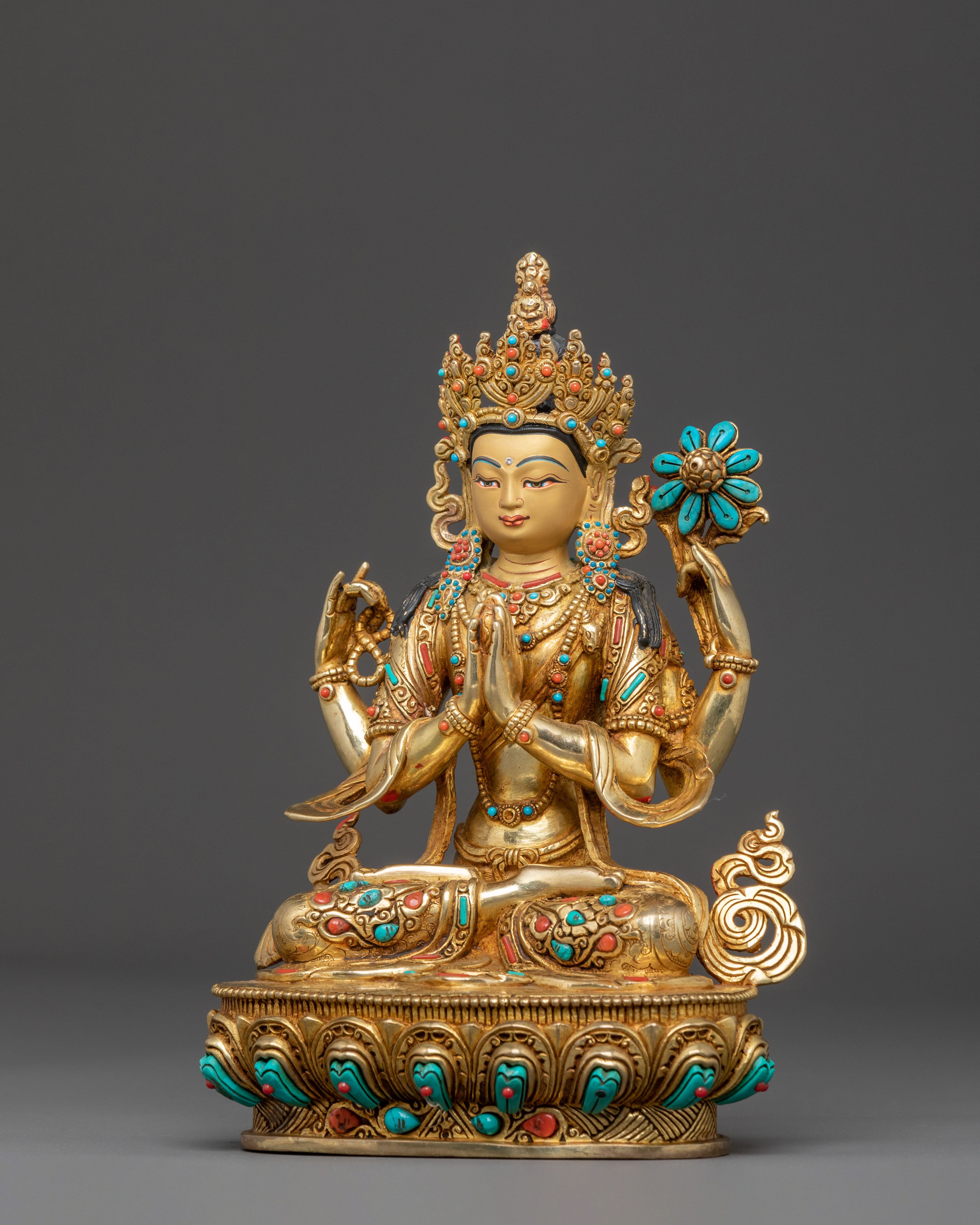 Handcrafted 24K Gold Gilded Chenrezig Statue | Sacred Nepalese Art