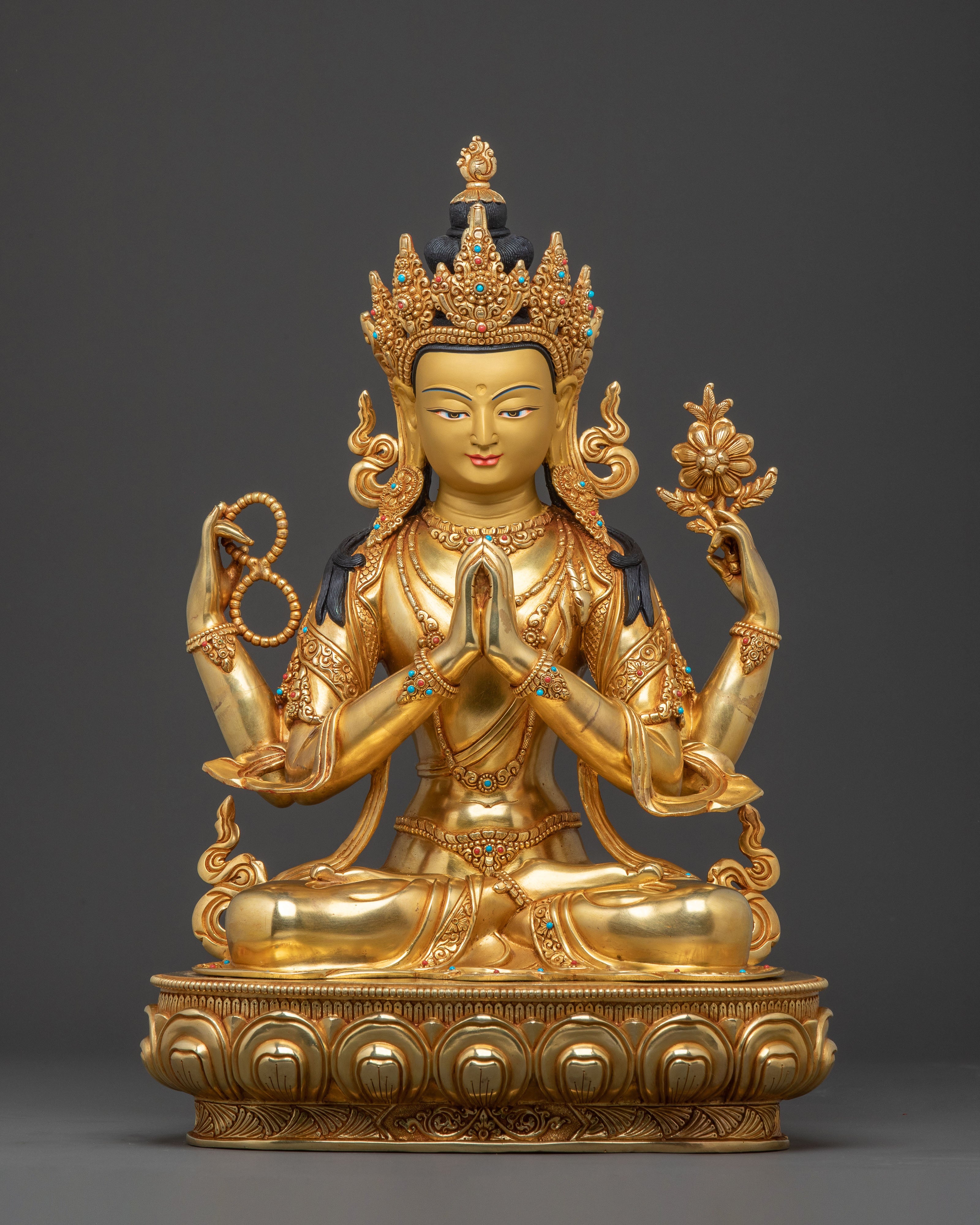 Chenrezig Handcrafted Golden Statue | Sacred Figure for Altar