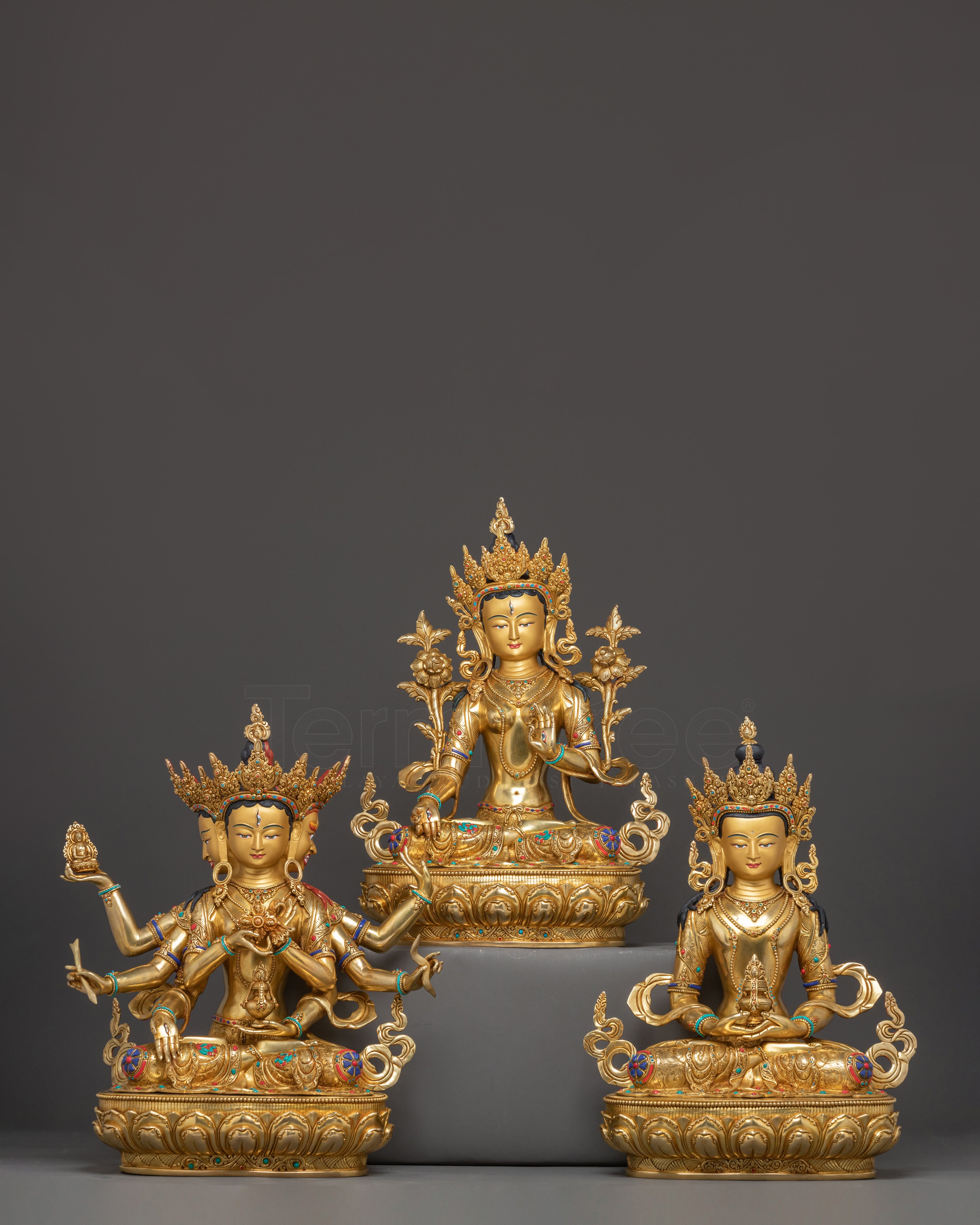Three Life Long Deities Sacred Statue Set – Exquisite 24K Gold Gilded Copper