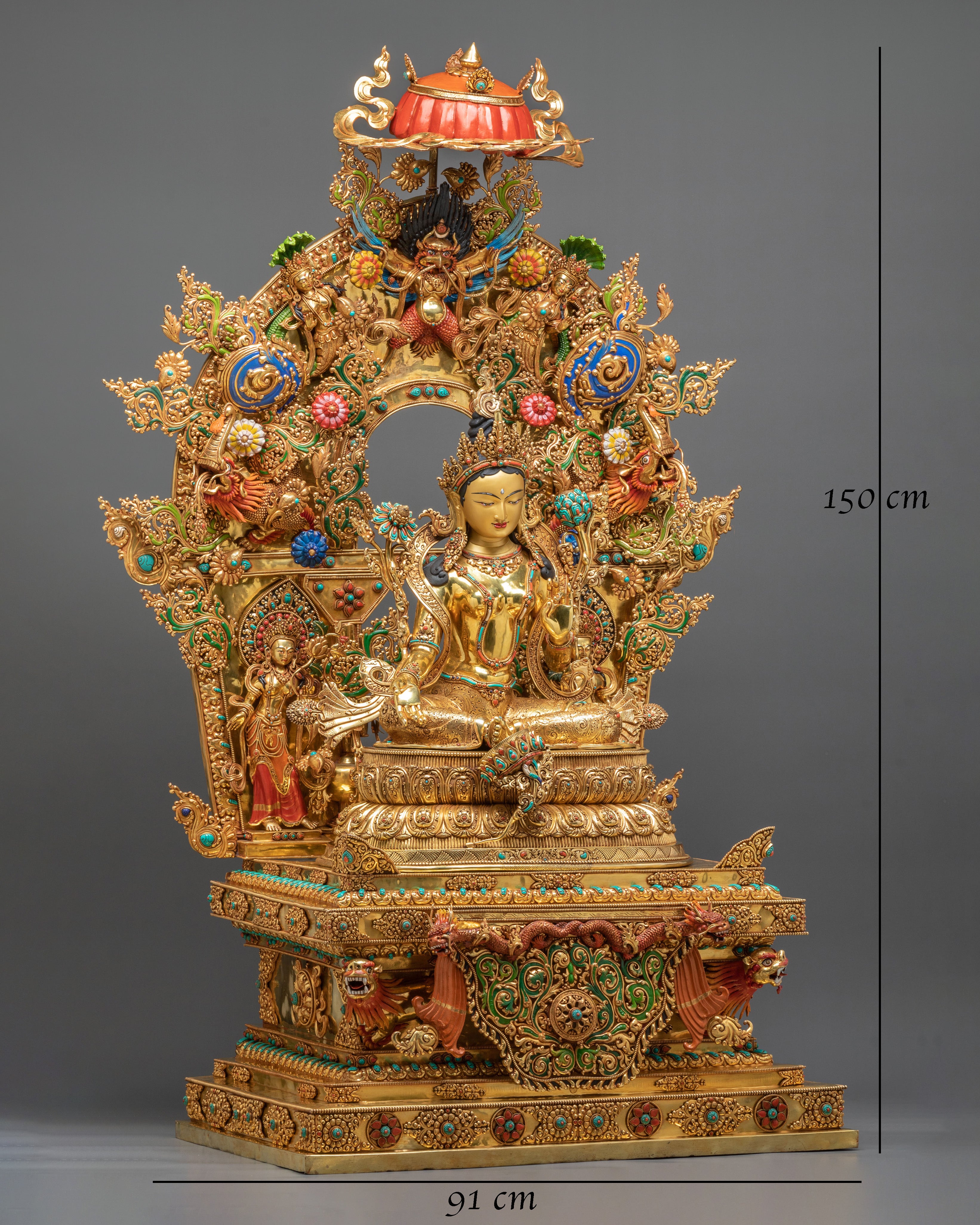 Green Tara Figurine on Throne | Buddhist Goddess Copper Statue