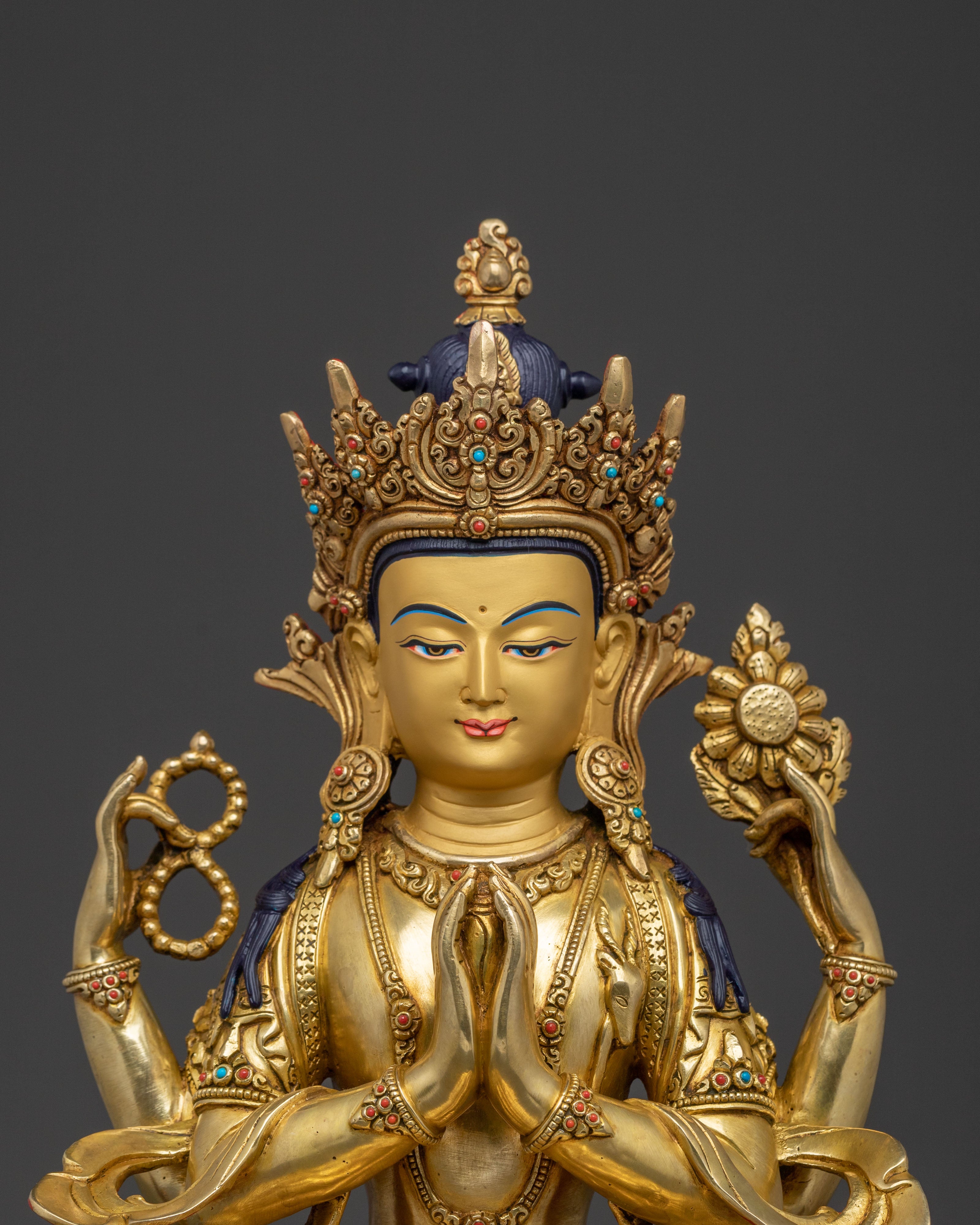 Handcrafted Chenrezig Traditional Statue: 24K Gold Gilded