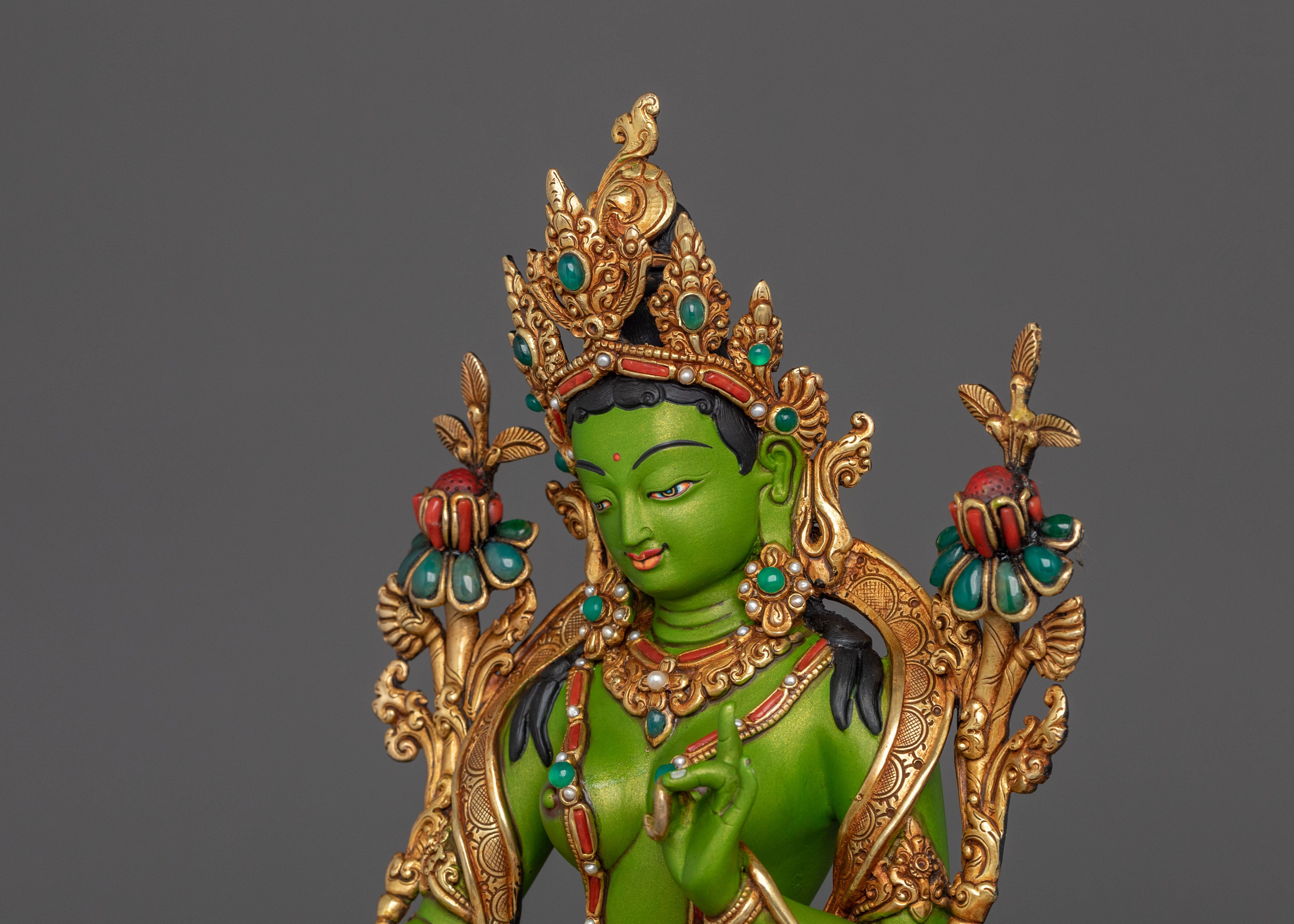Green Tara Protection Statue with a Throne | Mother Figurine
