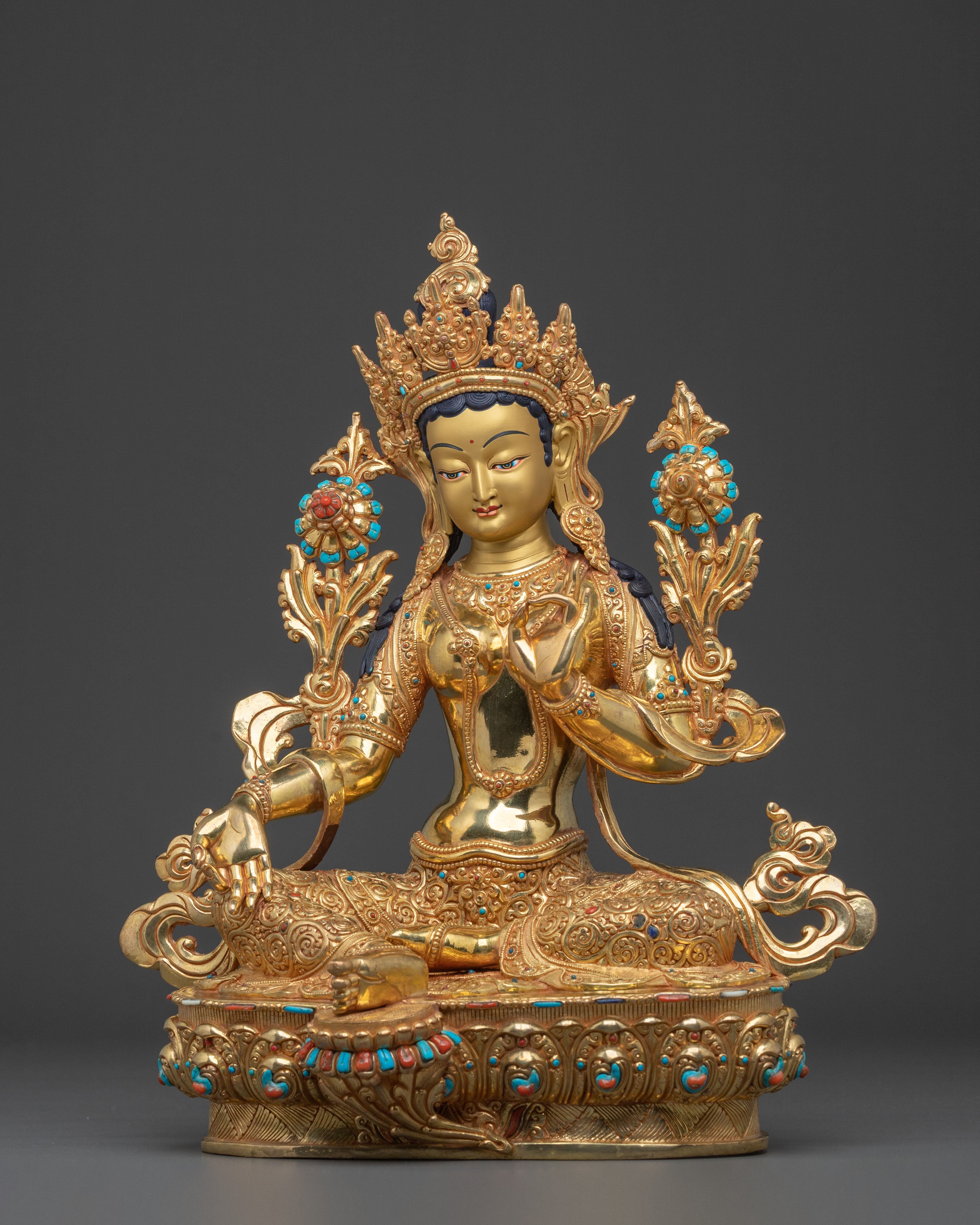 Green Tara Peaceful Statue | 24K Gold Gilded Guardian