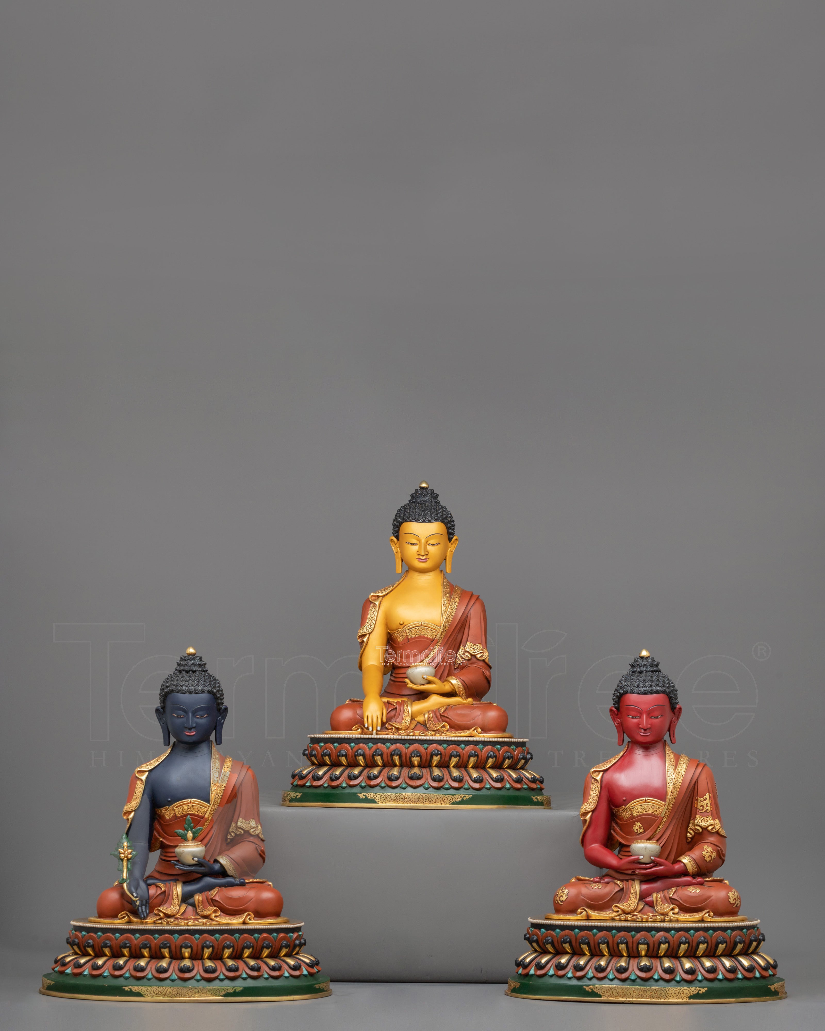 Three Buddha Sacred Handcrafted Statue Set | Tibetan Buddhist Altar Sculptures