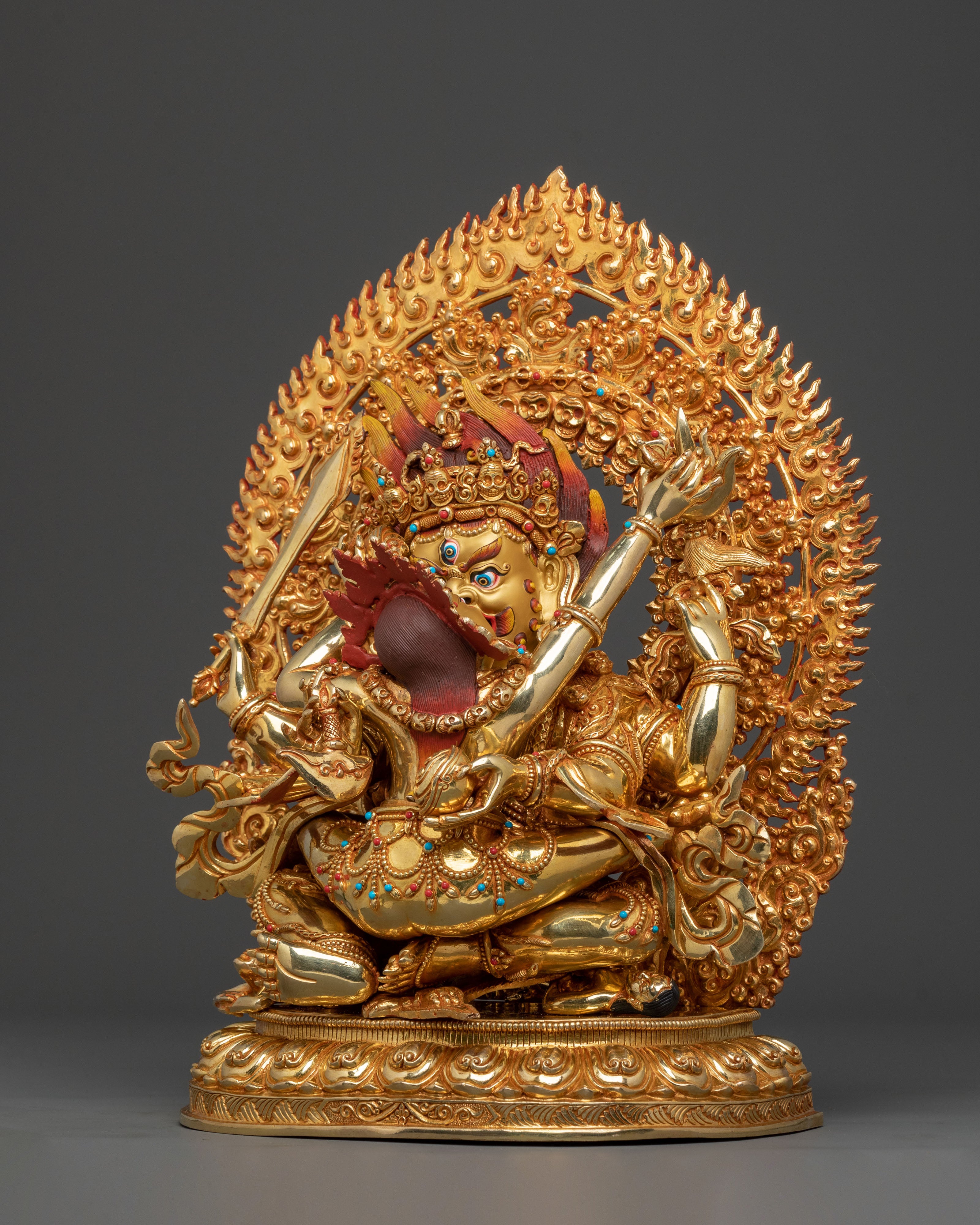 Chaturbhuja Mahakala Statue with Consort | Golden Figure