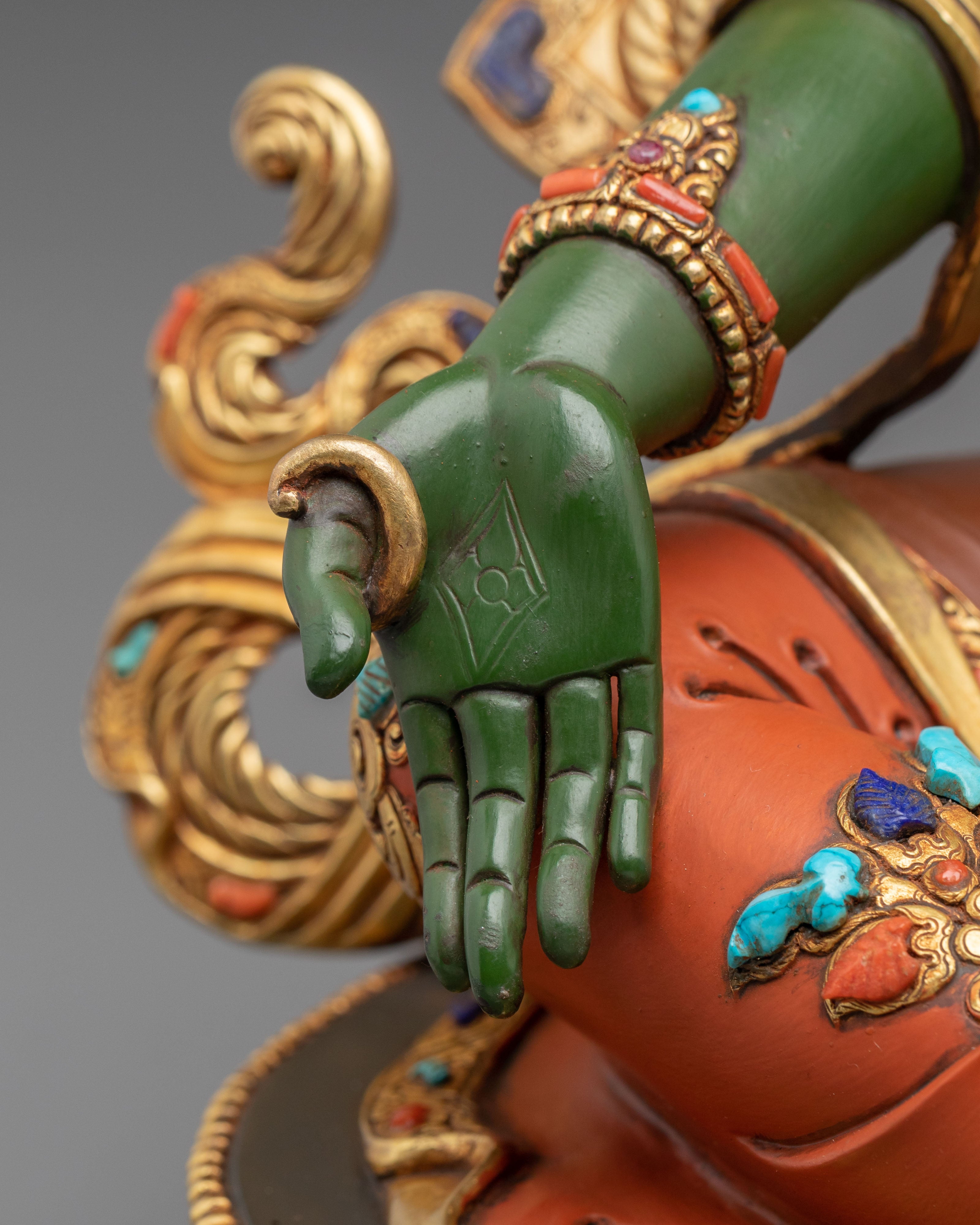 Green Tara Sculpture | Handmade Statue Adorned with Gemstones