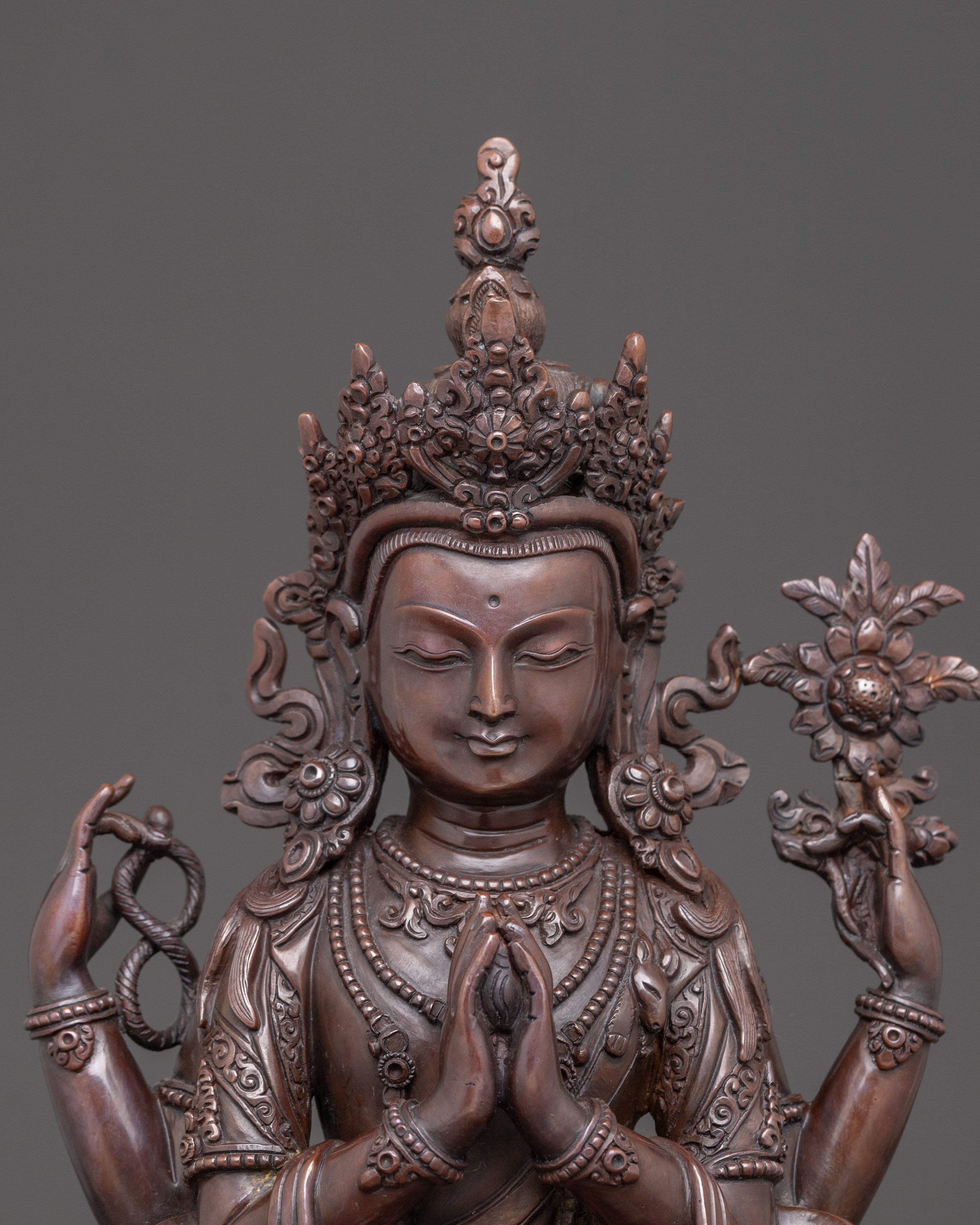 Handcrafted Oxidized Copper Chenrezig Bodhisattva Statue | Compassion Deity