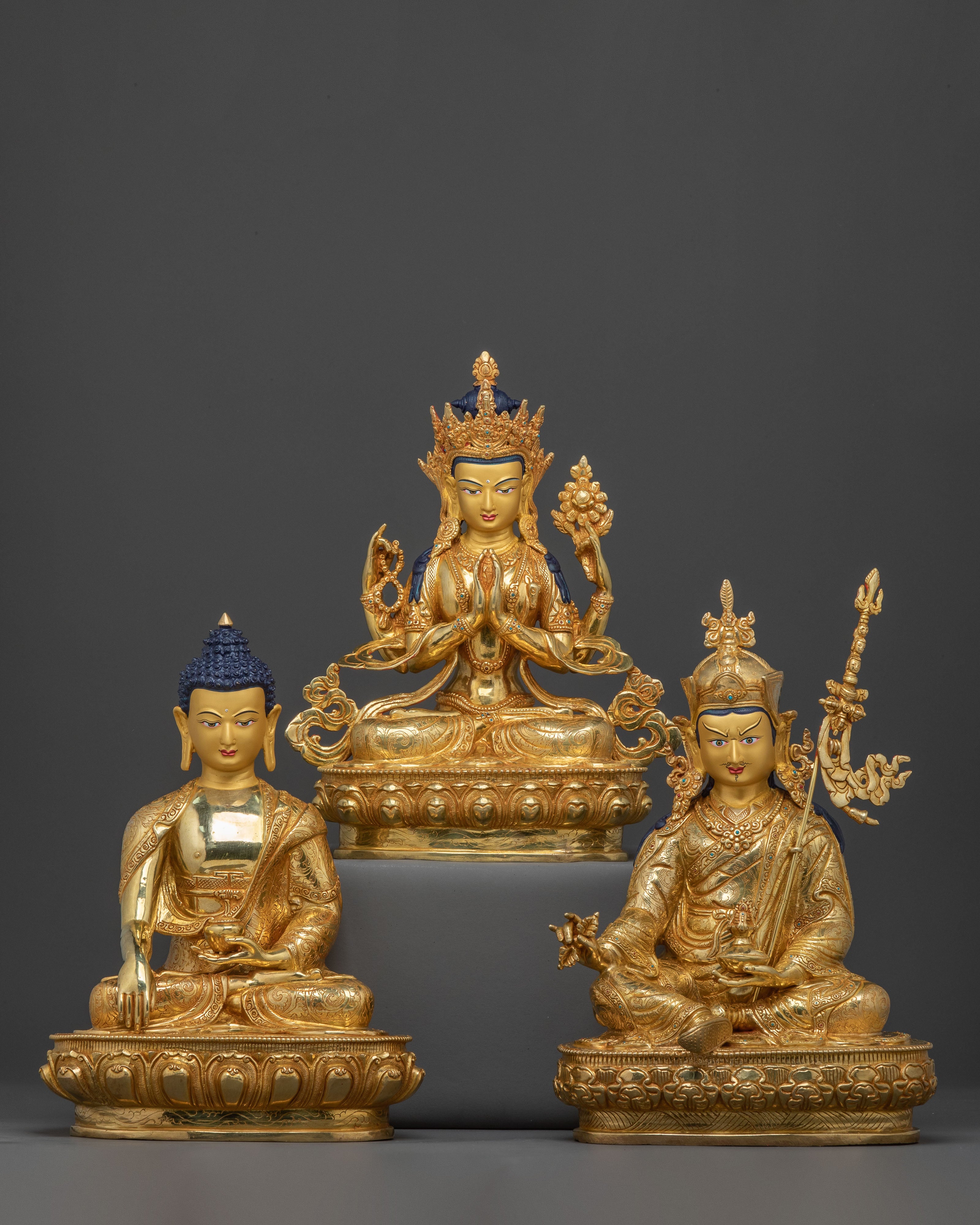 Buddha Dharma Sangha Statue Set | 24K Gold Gilded Art