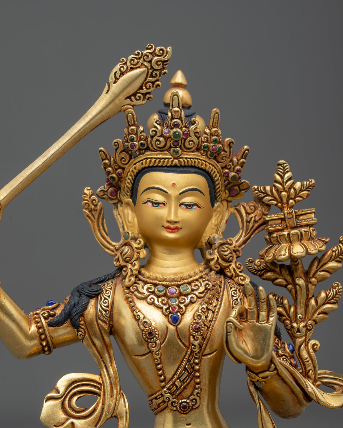 Hand-Carved Manjushri Sculpture | 24K Gold Gilded Statue