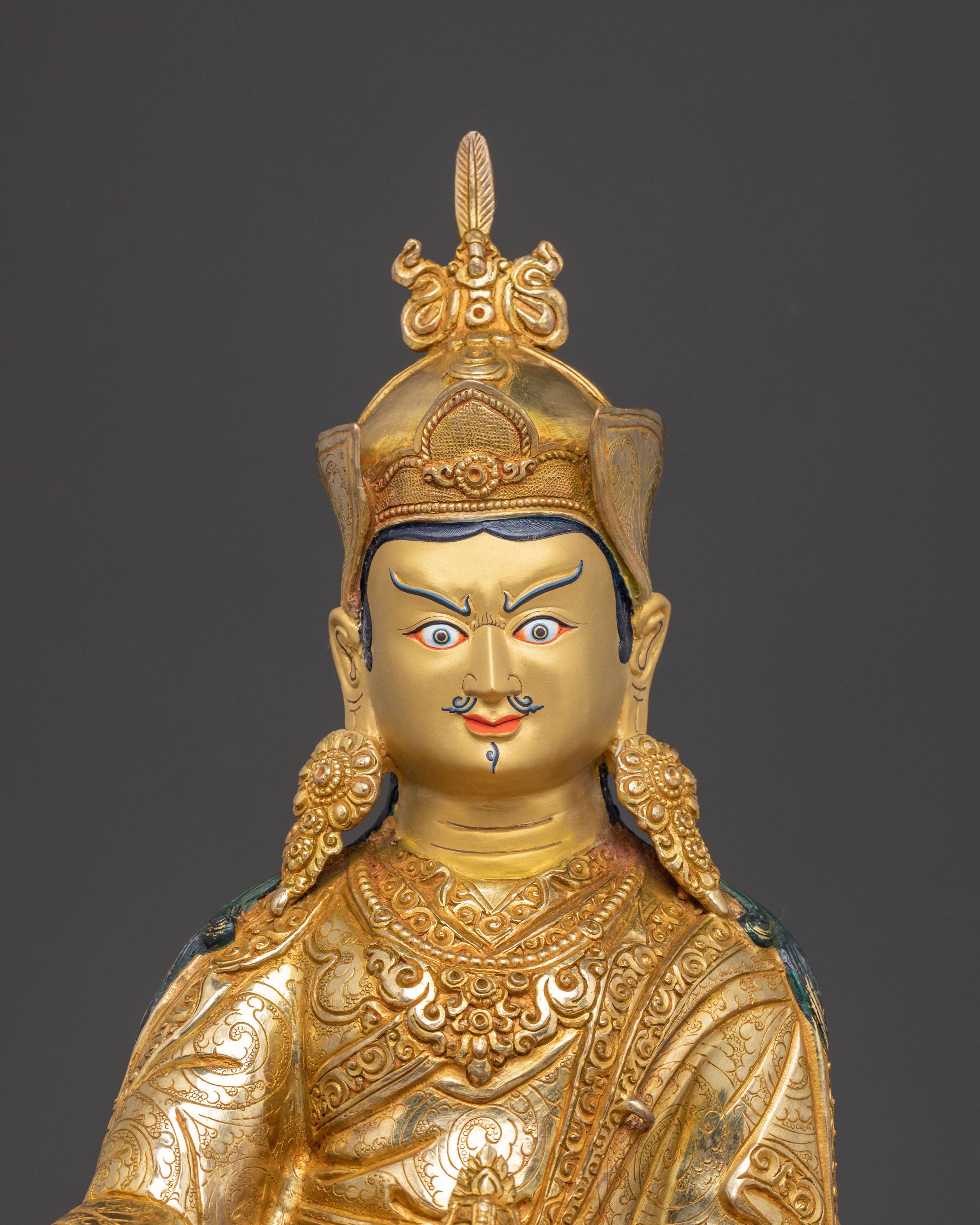 Golden Guru Rinpoche Handcrafted Statue | Tibetan Buddhist Art