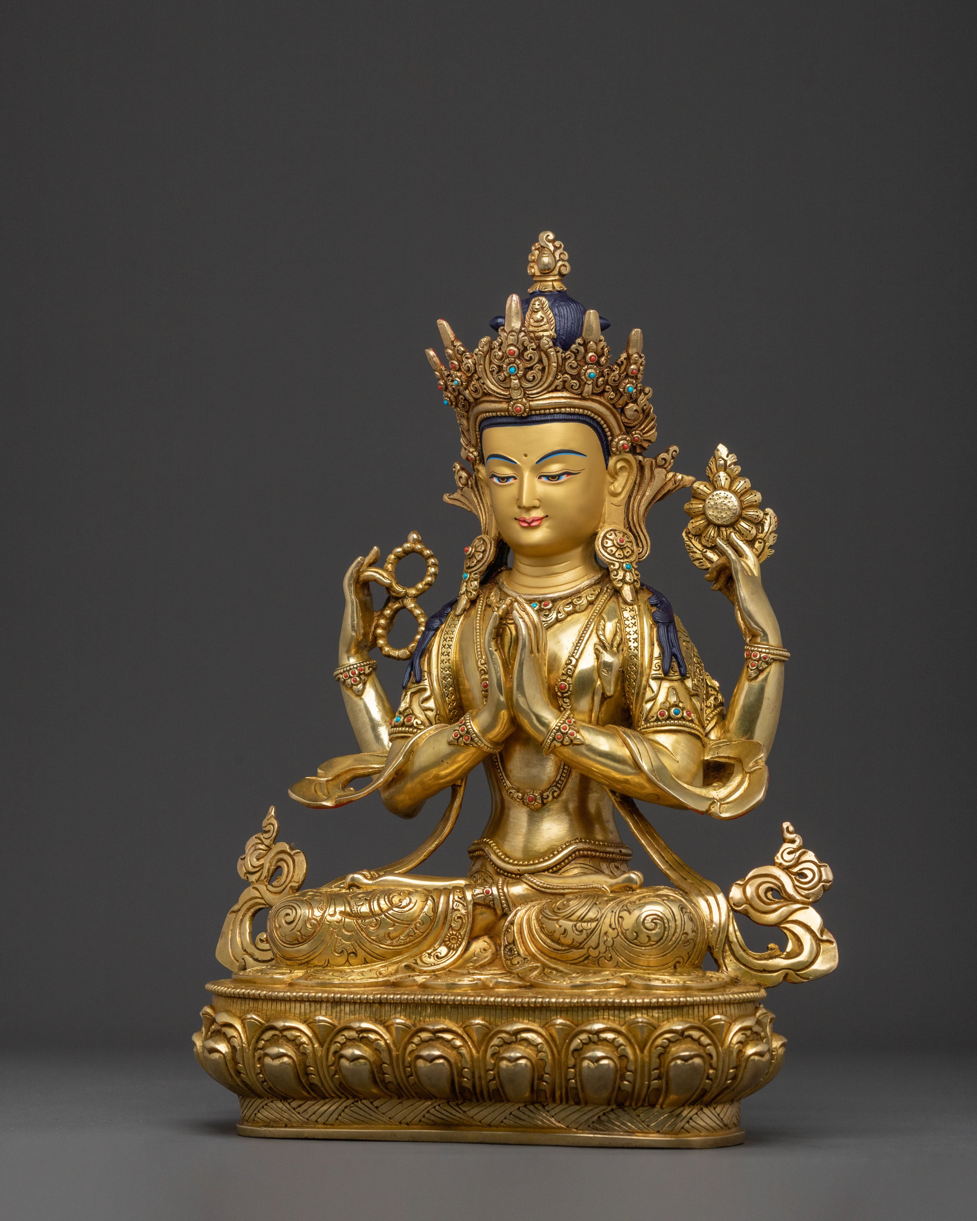 Handcrafted Chenrezig Traditional Statue: 24K Gold Gilded