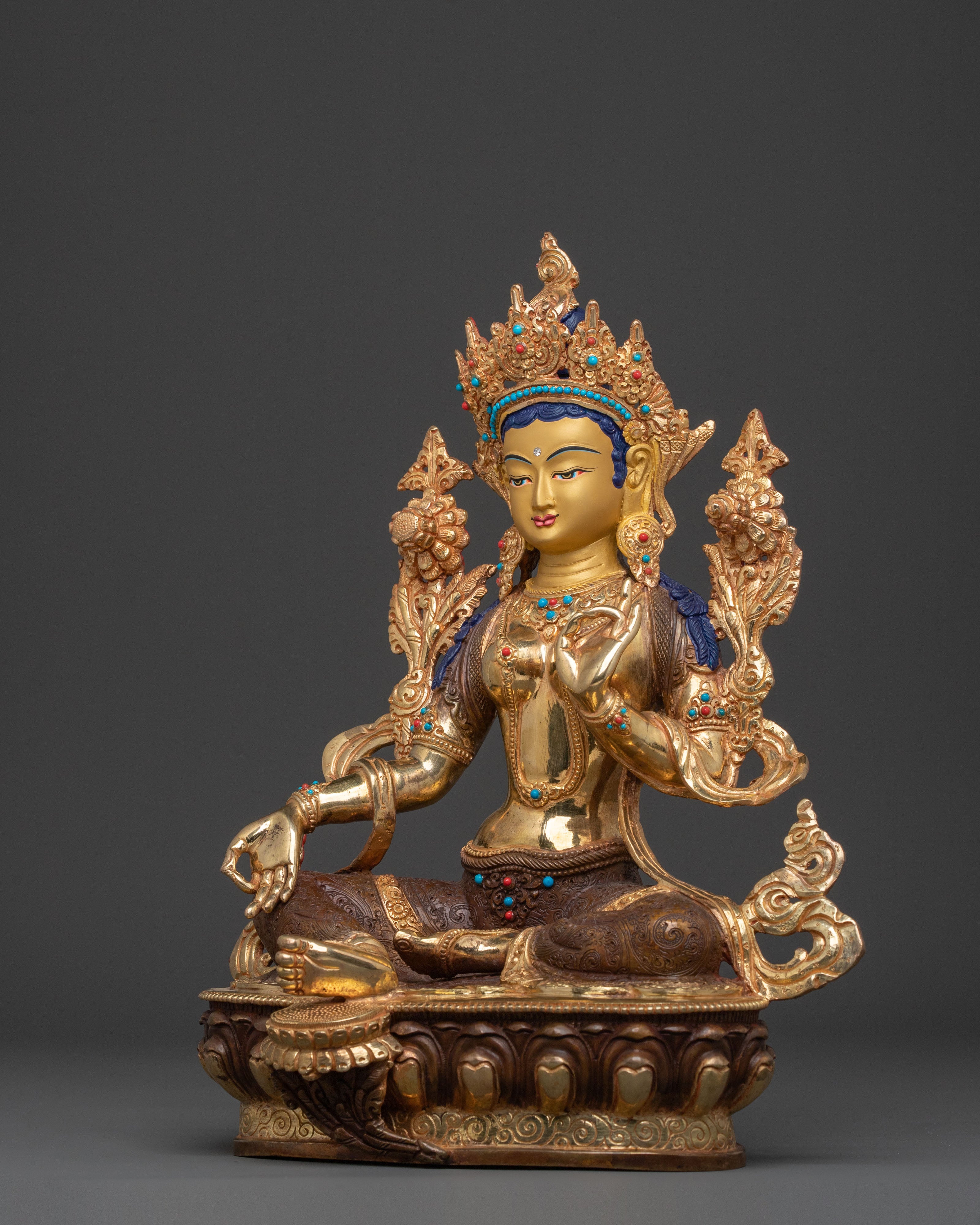 Luminous Green Tara Golden Statue: Antique Finish