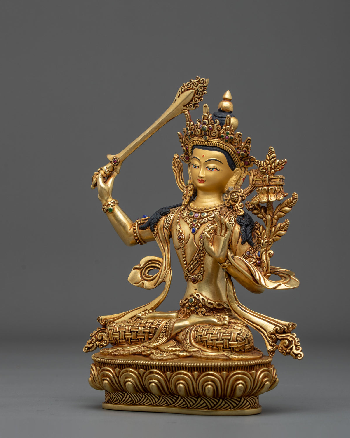 Hand-Carved Manjushri Sculpture | 24K Gold Gilded Statue