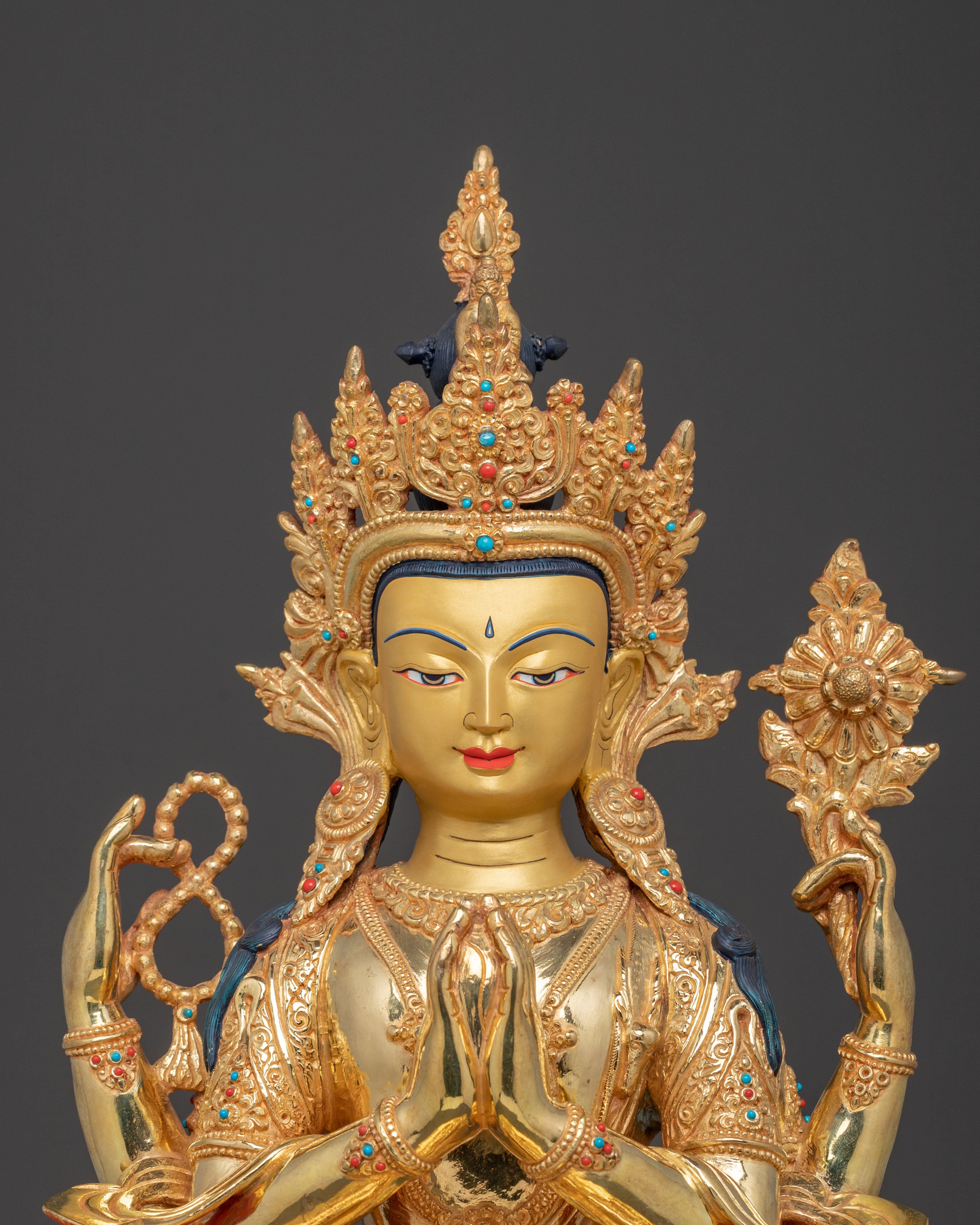 Chenrezig Mercy Bodhisattva Statue – Gilded Copper & Gemstone Art