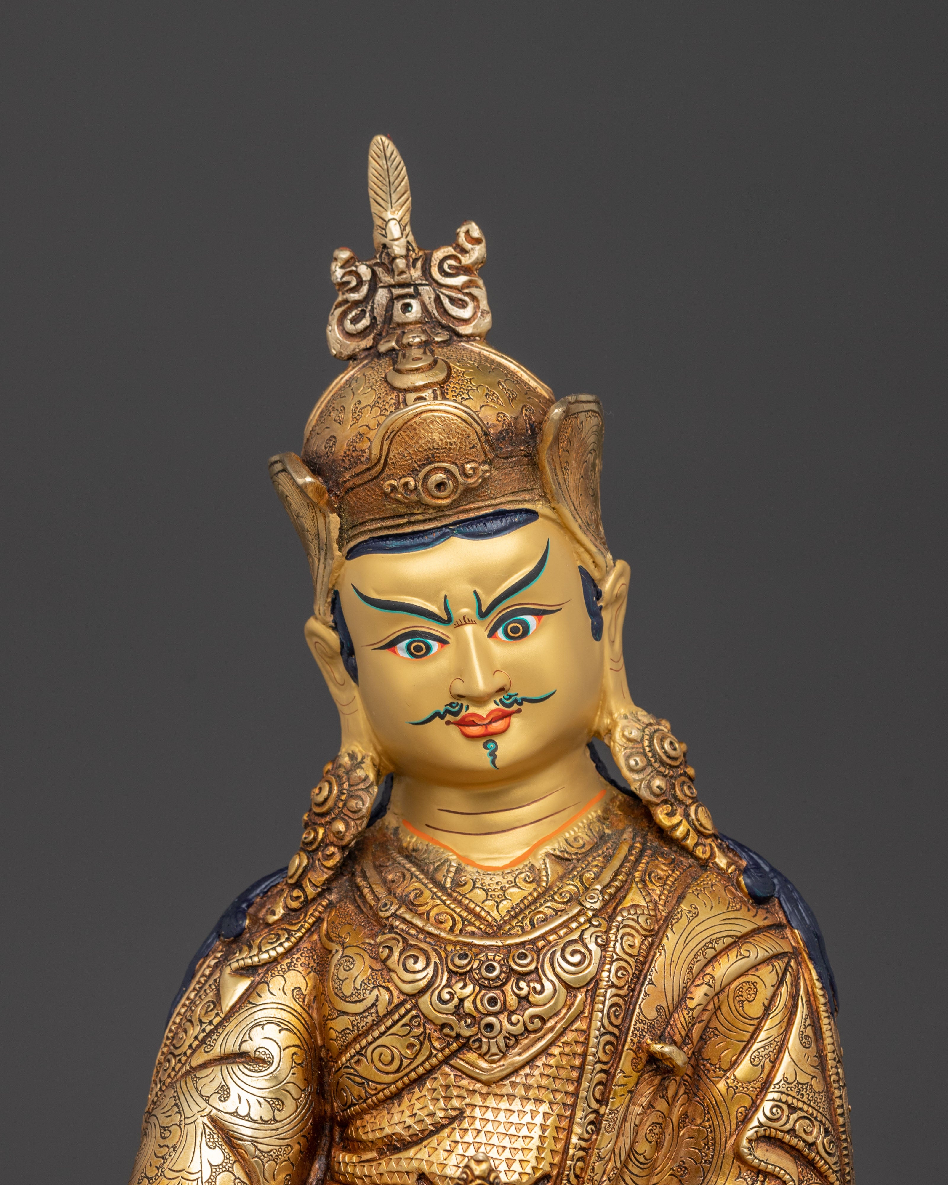 Tibetan Guru Rinpoche Buddhist Statue: 24K Gold Gilded Masterpiece