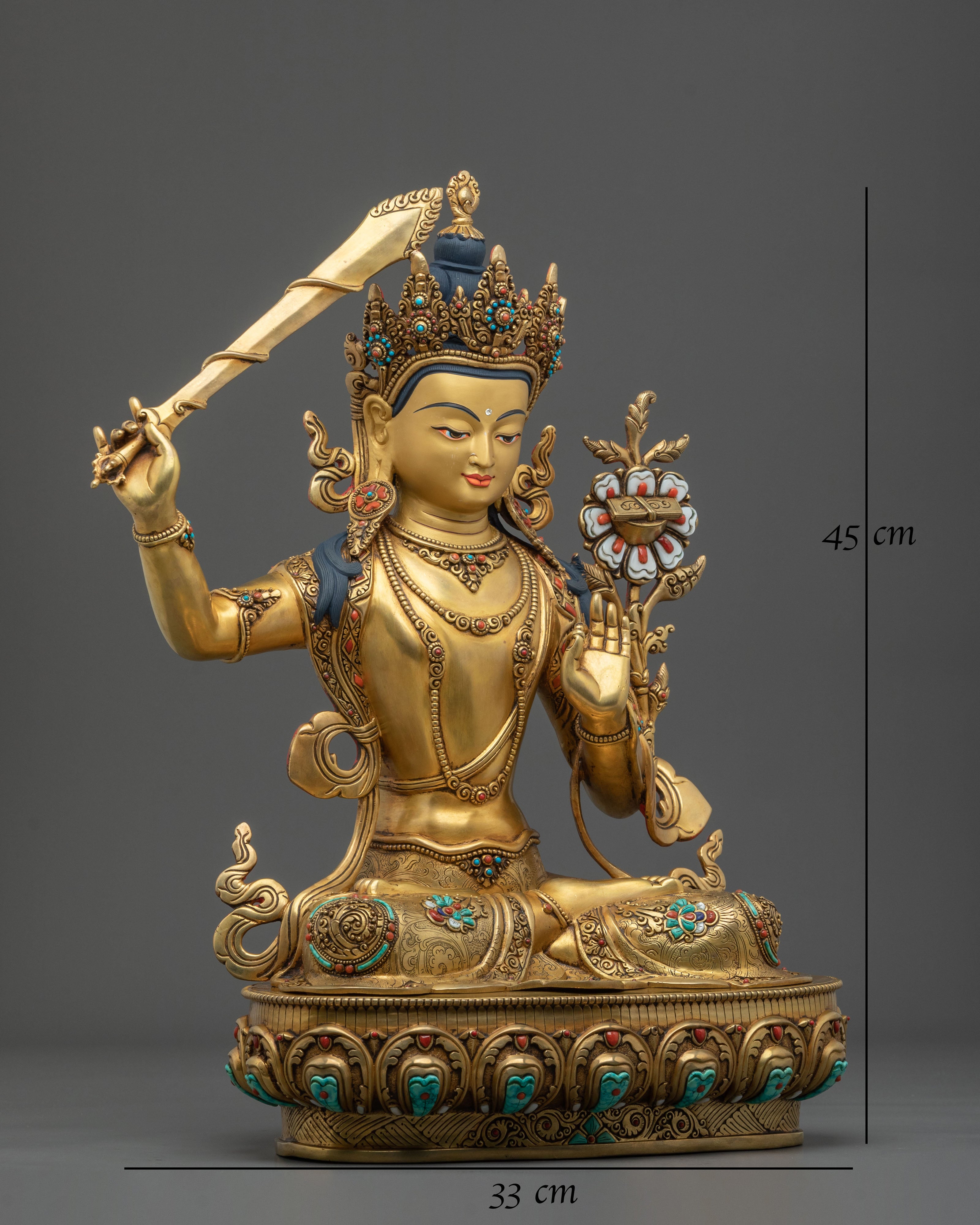 Manjushri Sacred Copper Statue | 24K Gold Gilded Wisdom Bodhisattva Sculpture